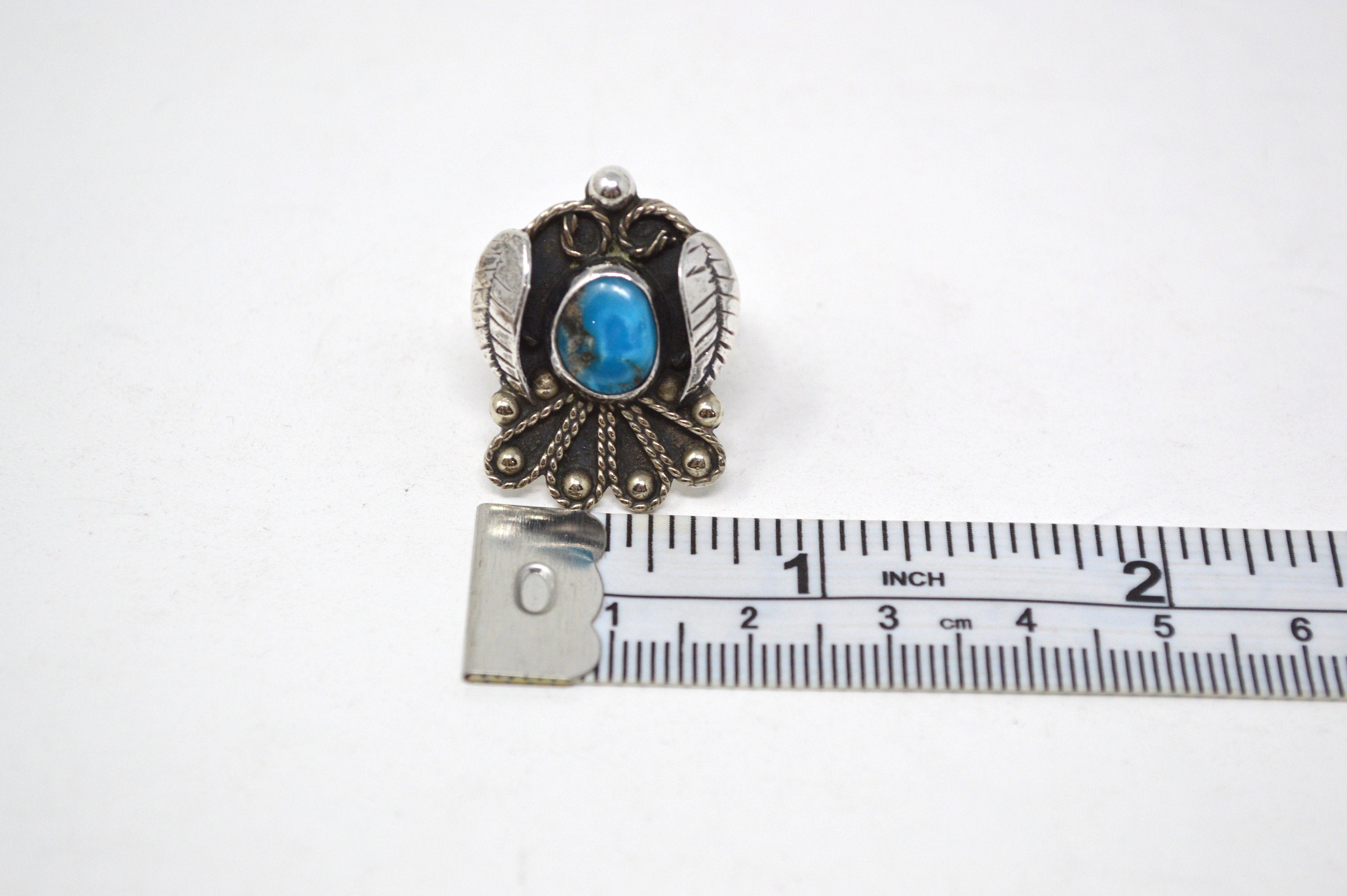 Vintage Mexico Turquoise Sterling Silver Feather Ring - Size 6.75