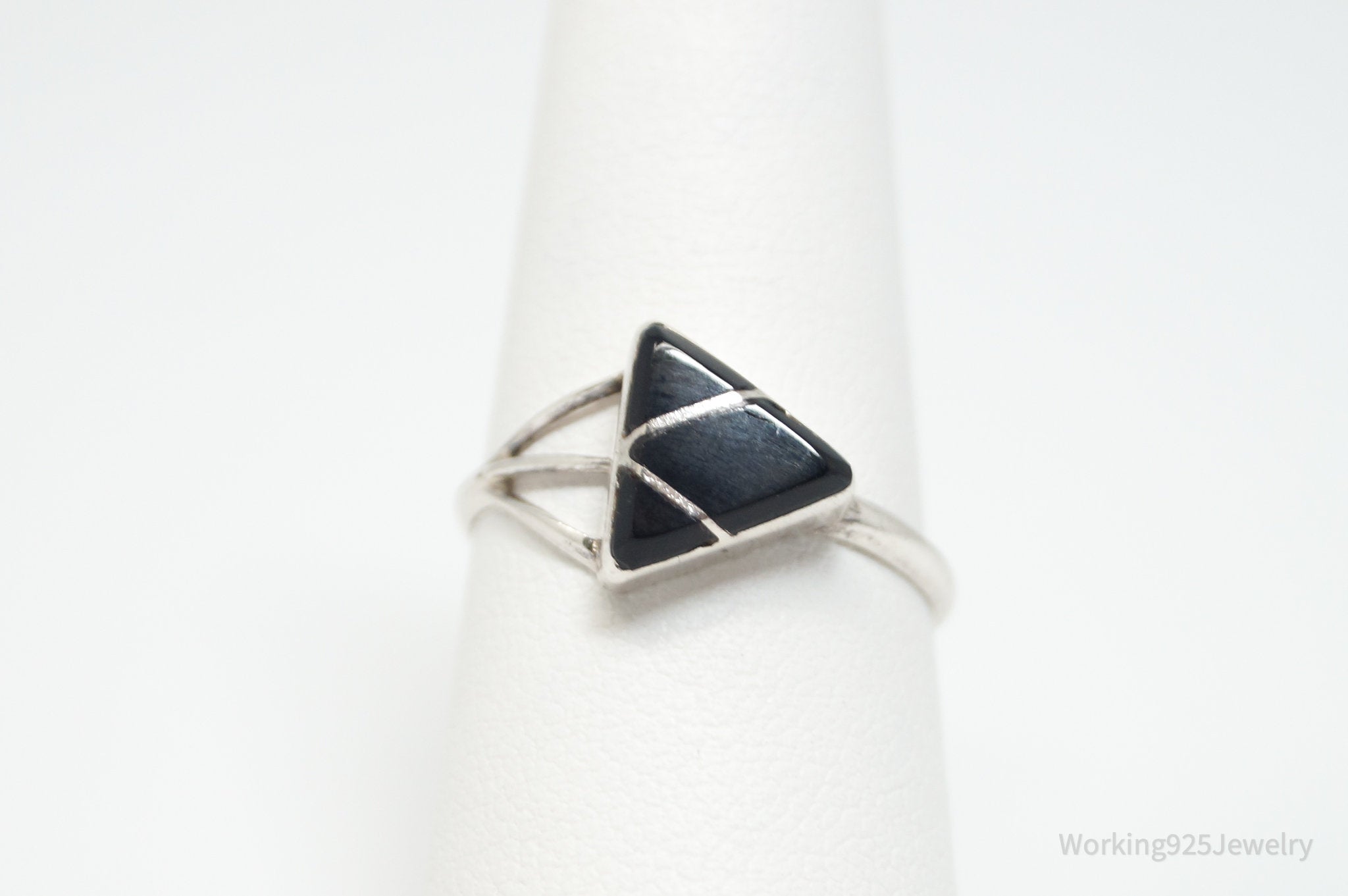 Vintage Southwestern Black Onyx Inlay Geometric Sterling Silver Ring - Sz 8