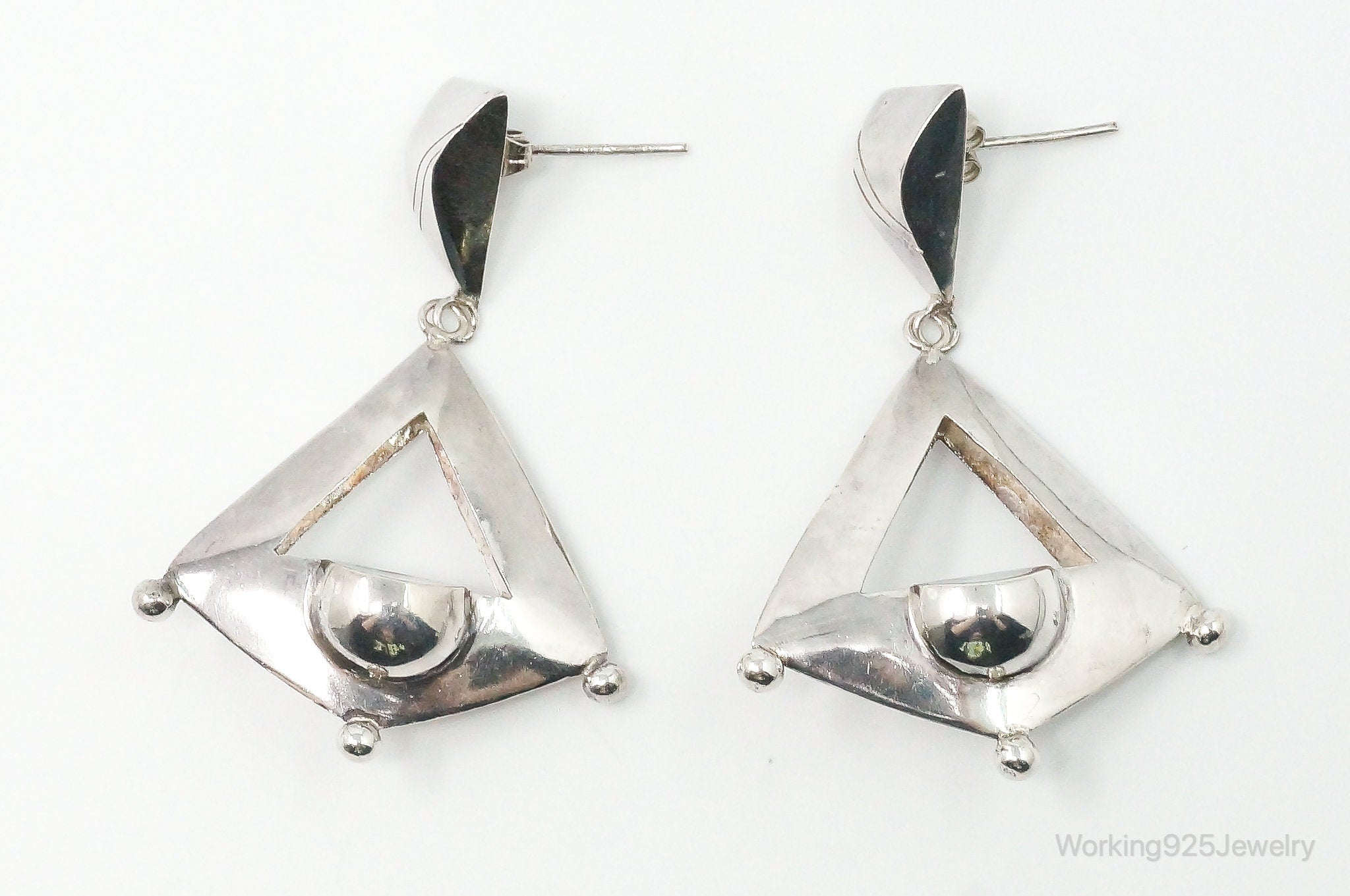 Vintage Sleek Modernist Dangle Sterling Silver Earrings