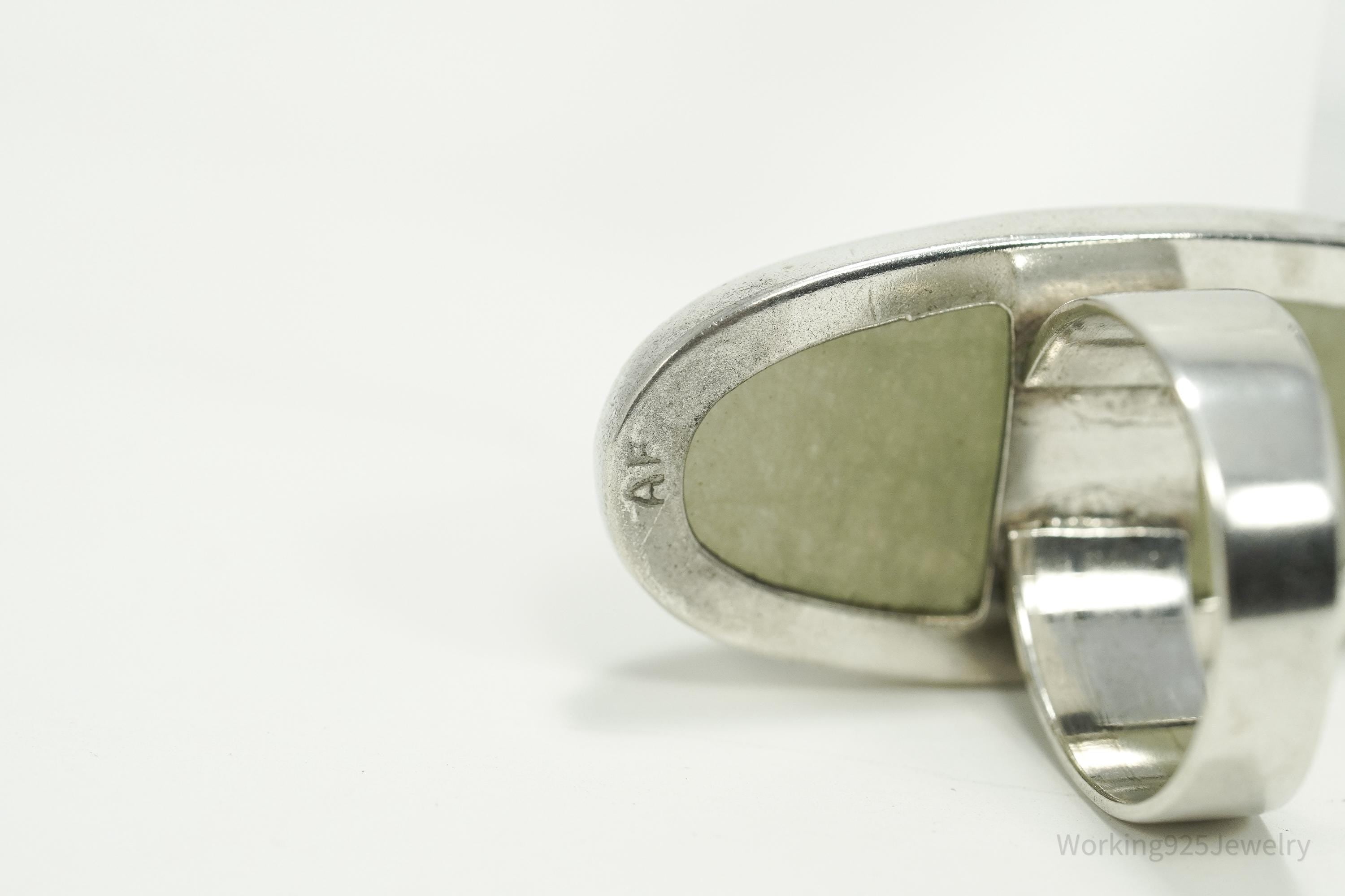 Vintage Large Green Stone Sterling Silver Ring - Size 7