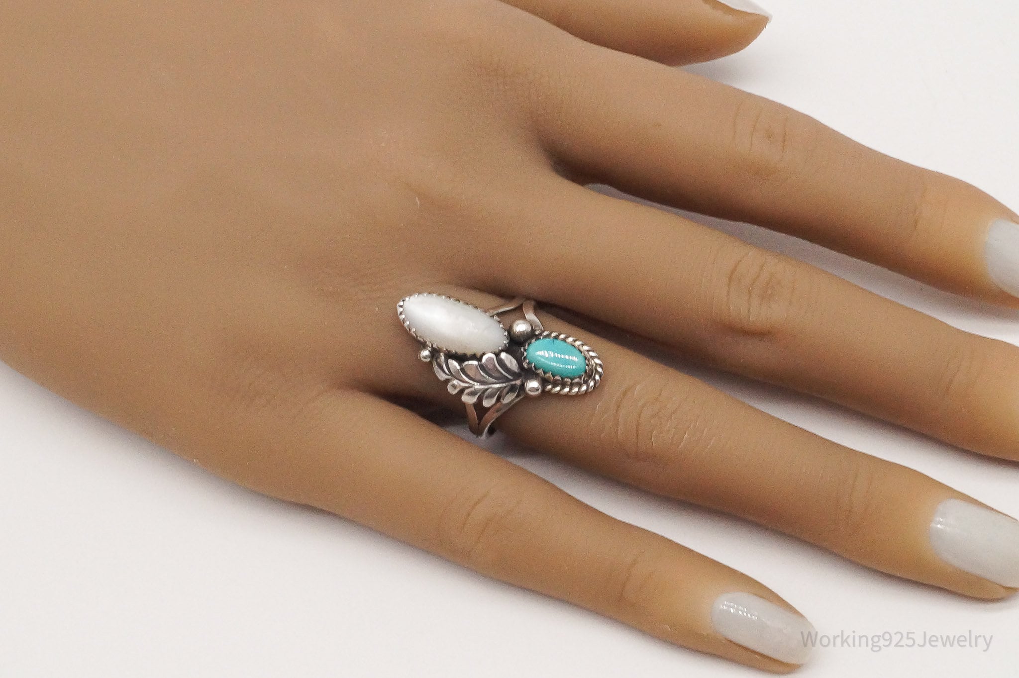 Vintage Native American Turquoise Mother Of Pearl Silver Ring - Size 7.75