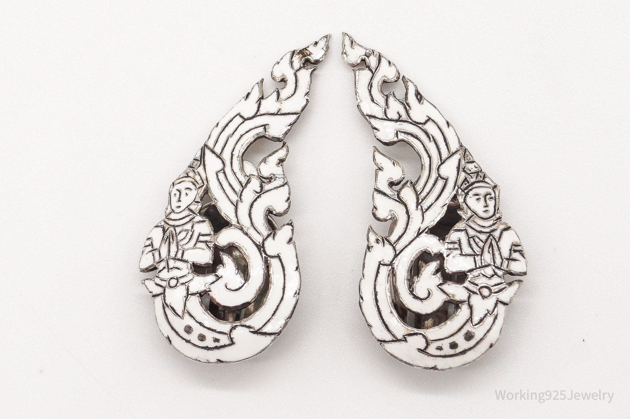 Vintage SIAM White Enamel Sterling Silver Clip On Earrings