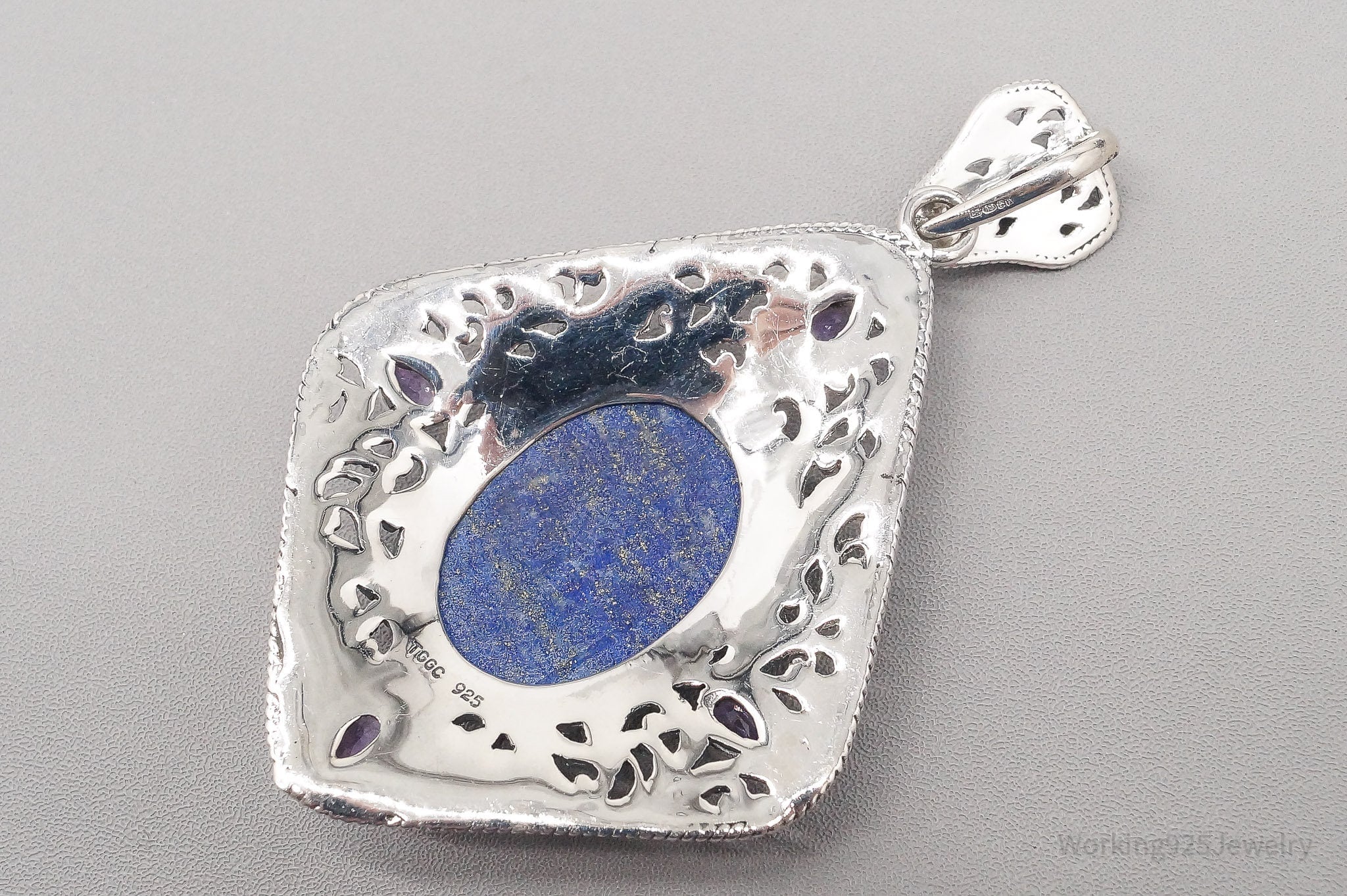 Vintage TGGC Large Lapis Lazuli Amethyst Filigree Sterling Silver Pendant