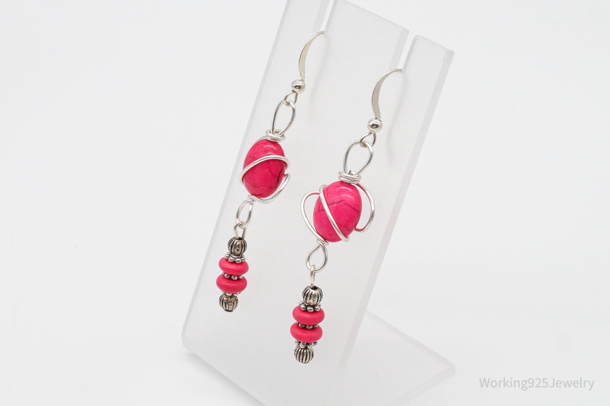 Vintage Pink Howlite Silver Earrings