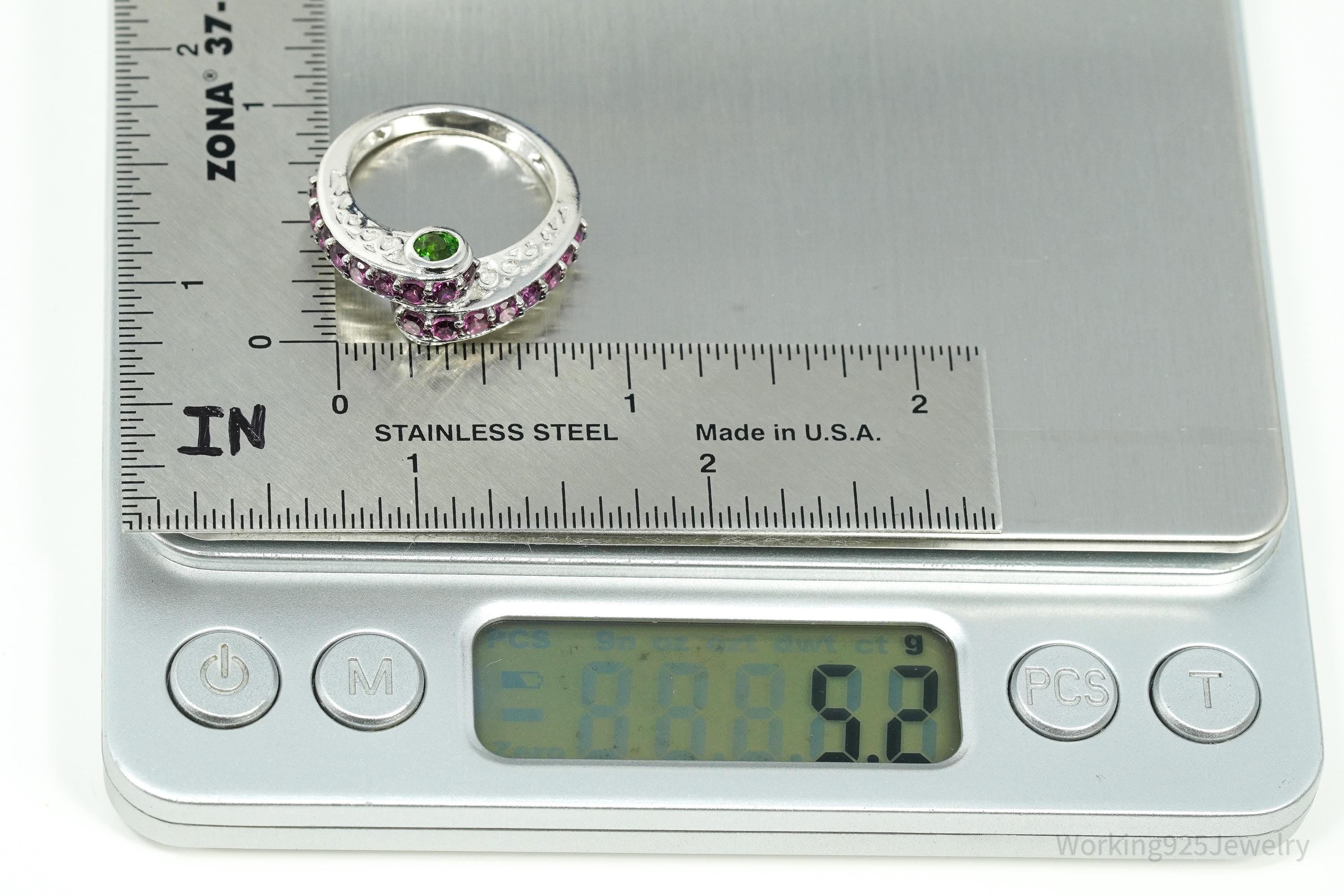 Rhodolite Garnet & Green Chrome Diopside Sterling Silver Ring - Size 8