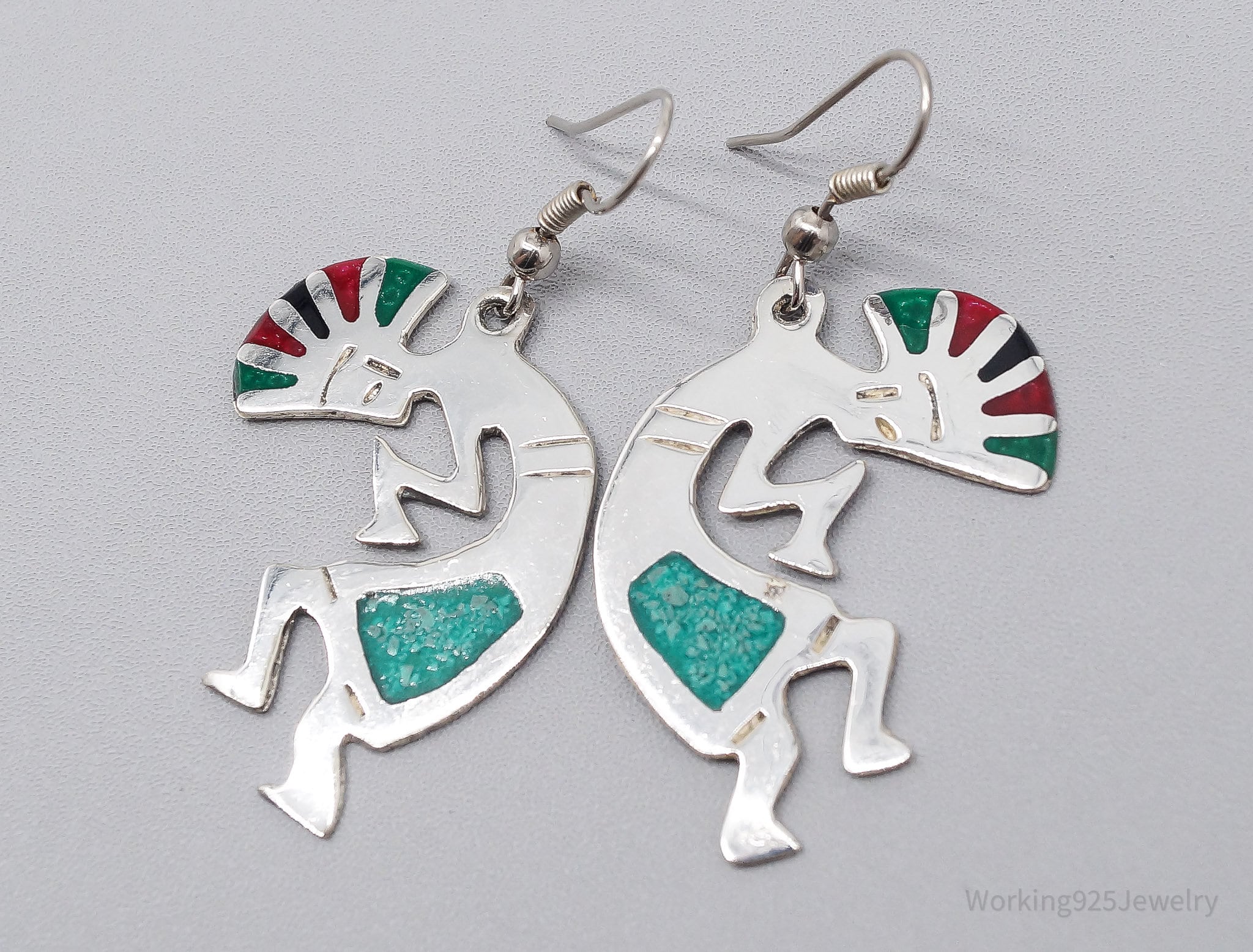 Large Vintage Native Dancing Kokopelli Inlay Sterling Silver Earrings