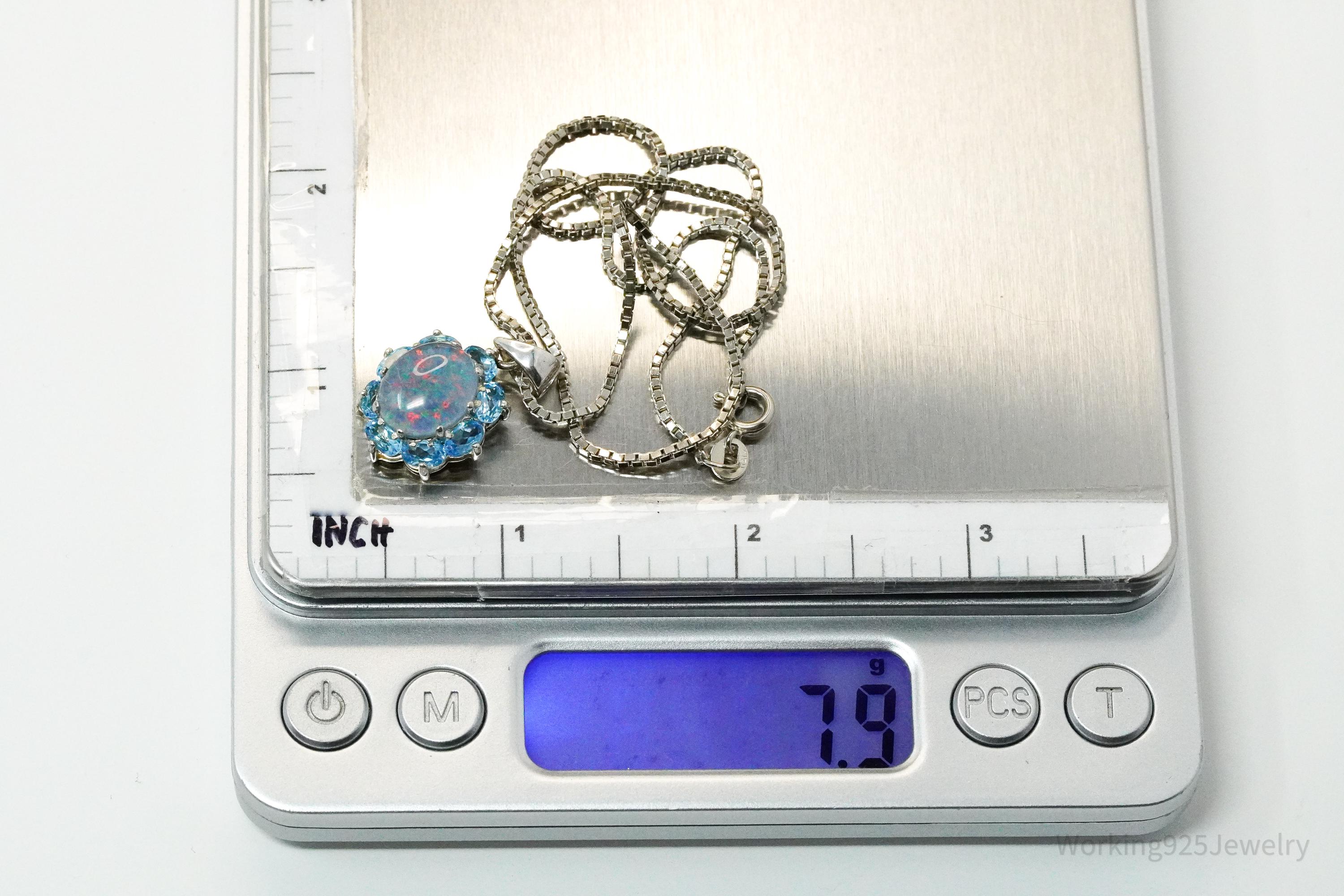 Vintage Opal & Blue Topaz Flower Sterling Silver Necklace 16"