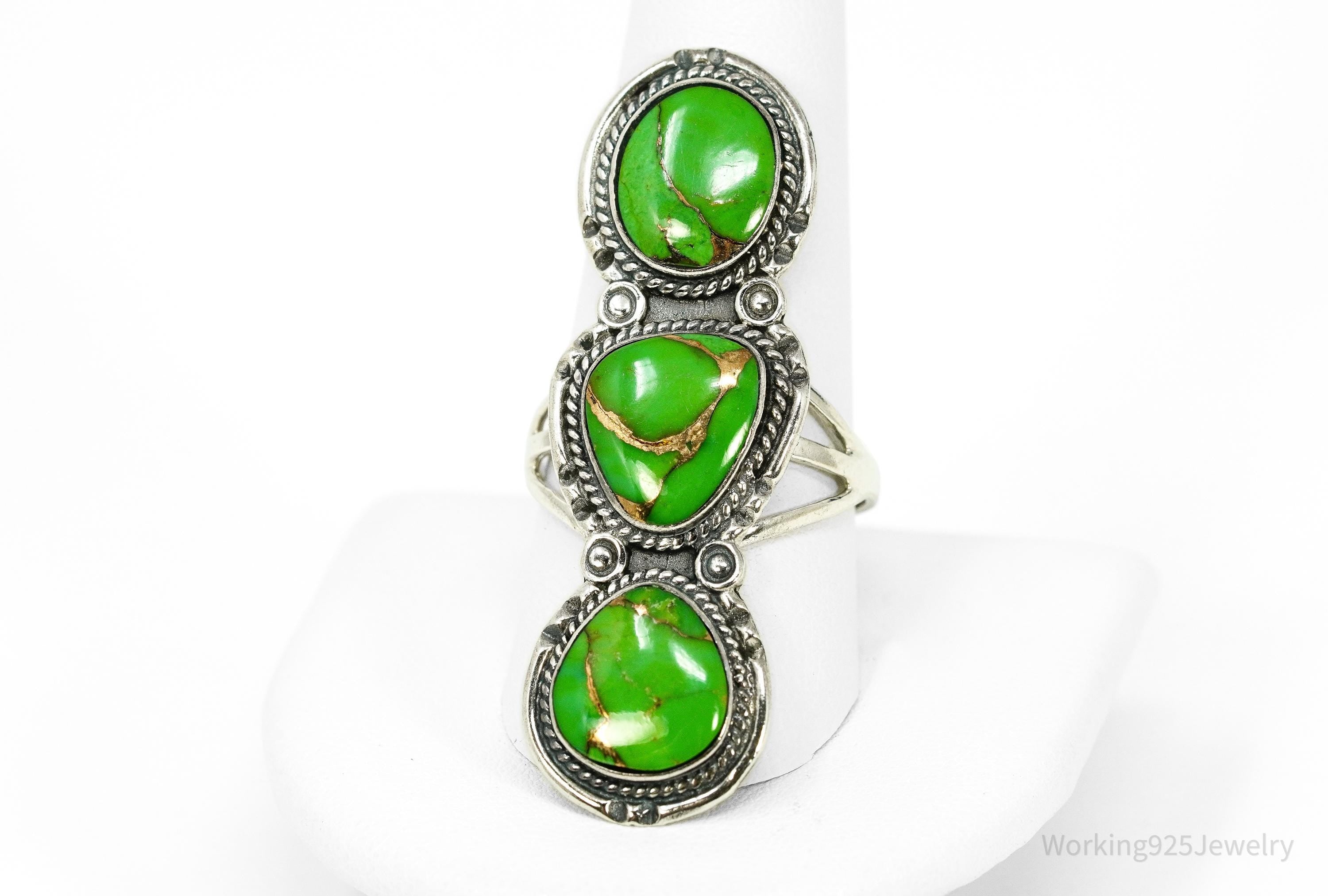 Vintage Green Copper Turquoise Sterling Silver Ring - Size 11.5