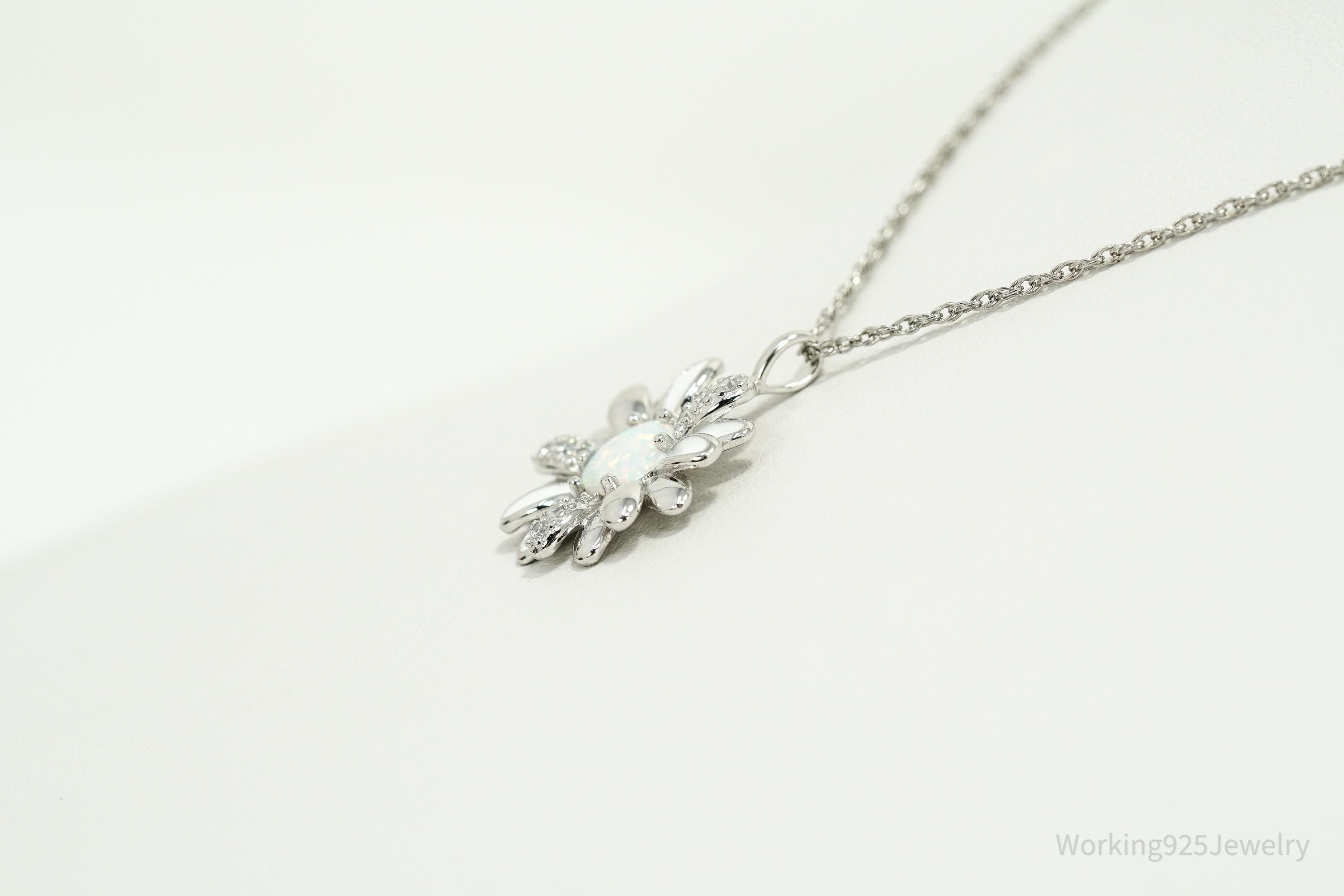 Opal & Cubic Zirconia Sterling Silver White Enamel Flower Chain Necklace 18"