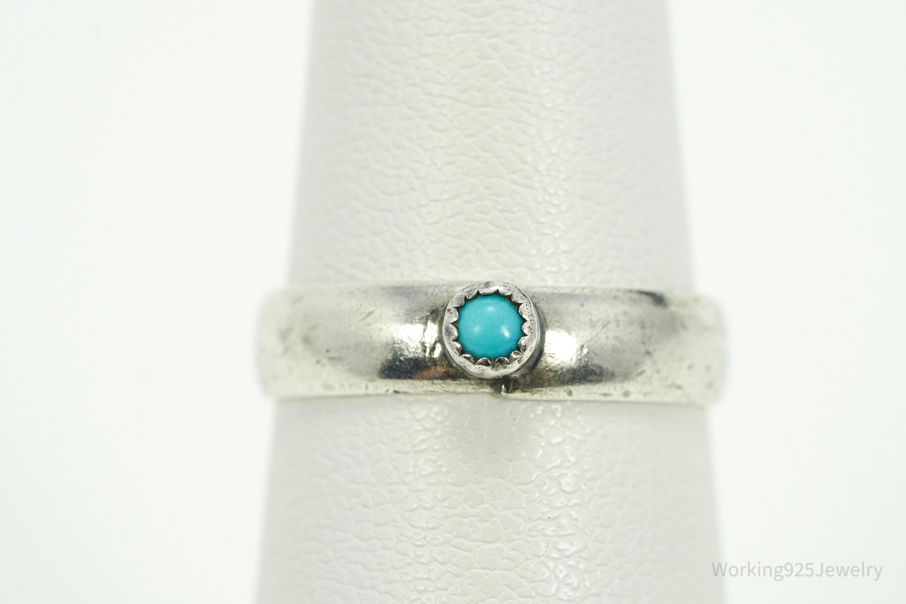 Vintage Native American Turquoise Silver Band Ring - Size 6