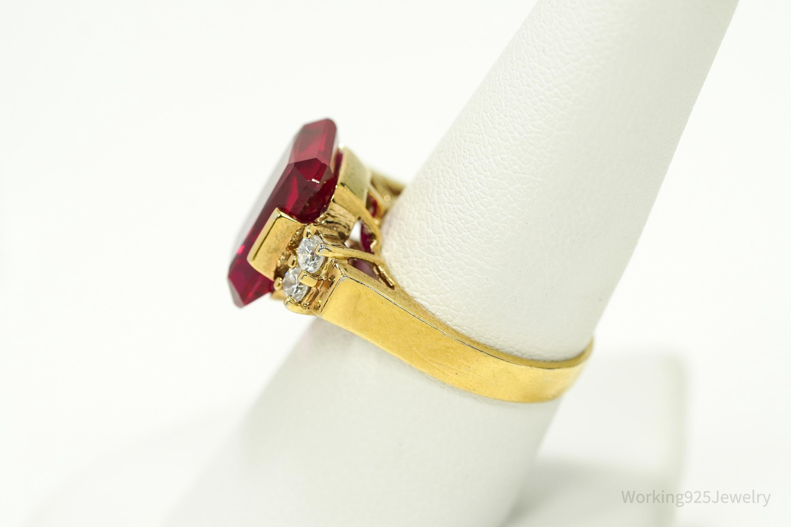 Vintage Ruby & Cubic Zirconia Gold Vermeil Sterling Silver Ring Size 8