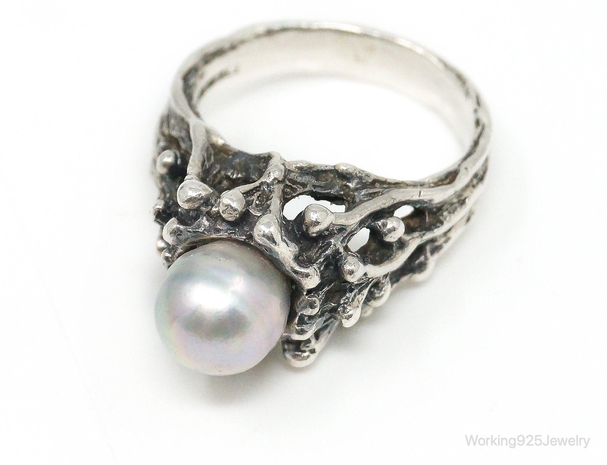 Vintage Pearl Brutalist Sterling Silver Ring - Size 5