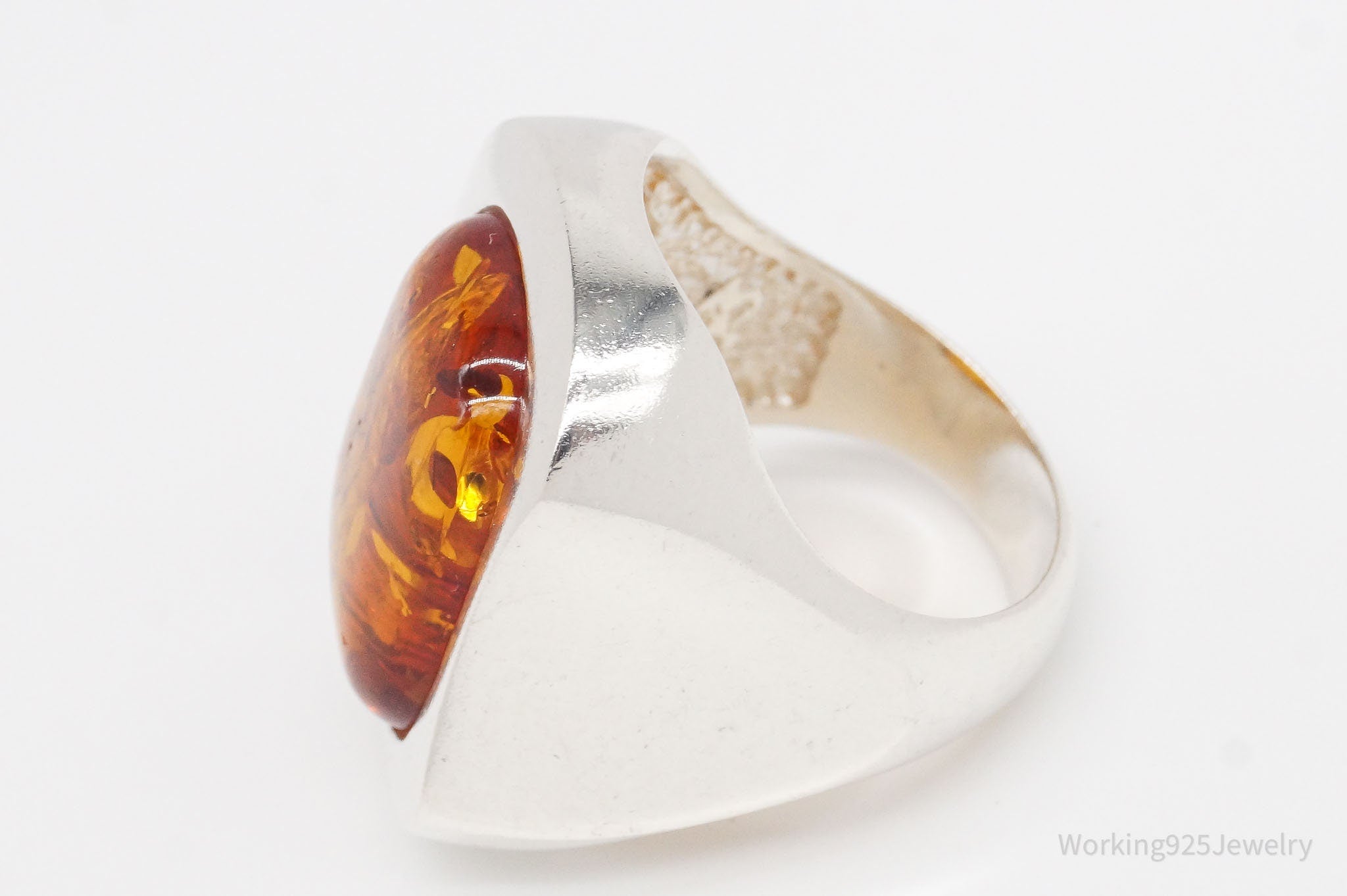 Vintage Large Amber Modernist Sterling Silver Ring - Size 7.25