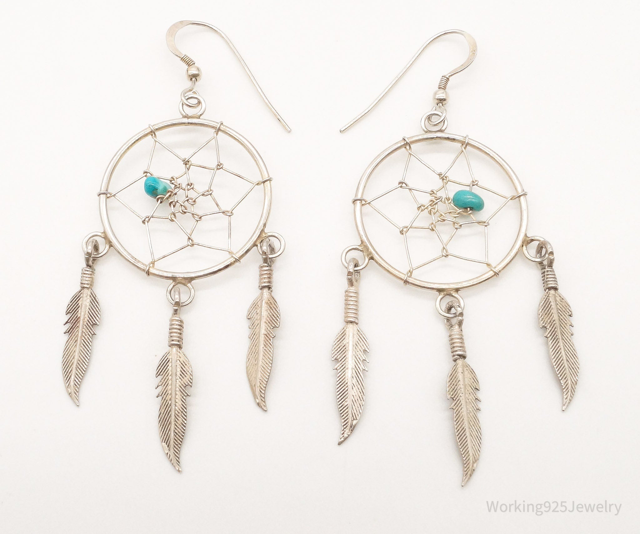 Vintage Native American Turquoise Dream Catcher Sterling Silver Earrings