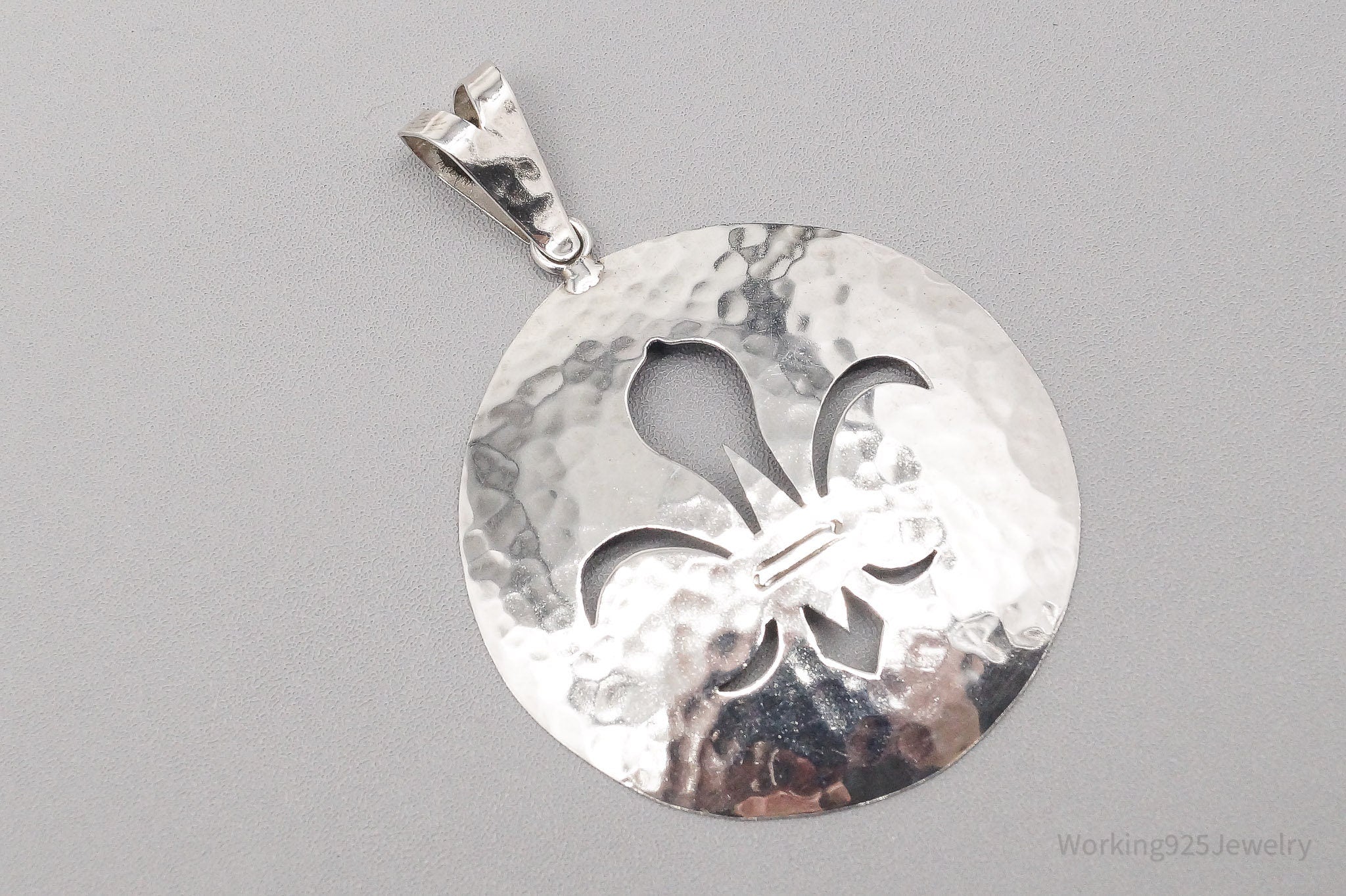 Vintage Large Fleur De Lis Cut Out Hammered Style Sterling Silver Pendant