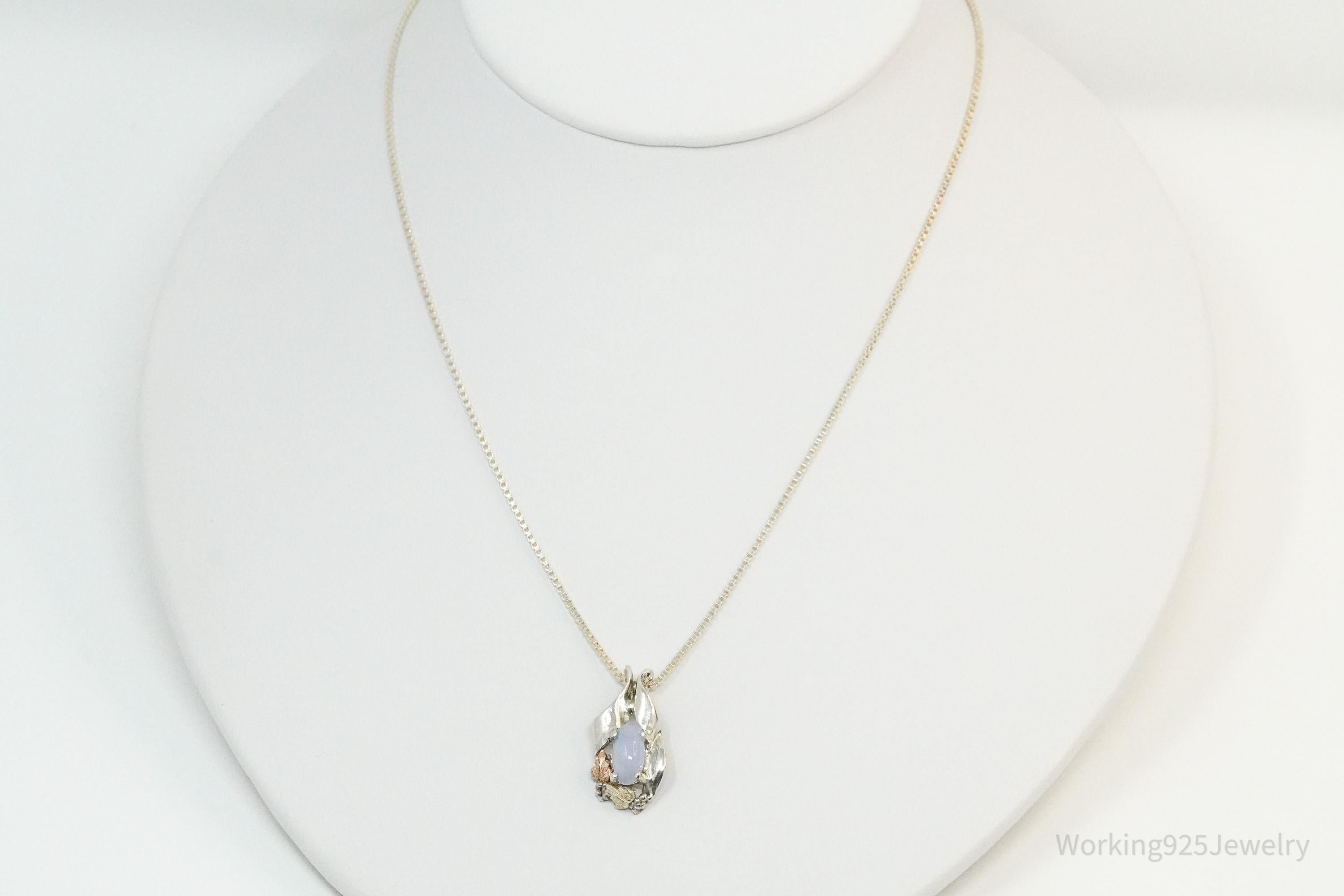 Vintage Blue Chalcedony Black Hills Gold Sterling Silver Necklace 18"