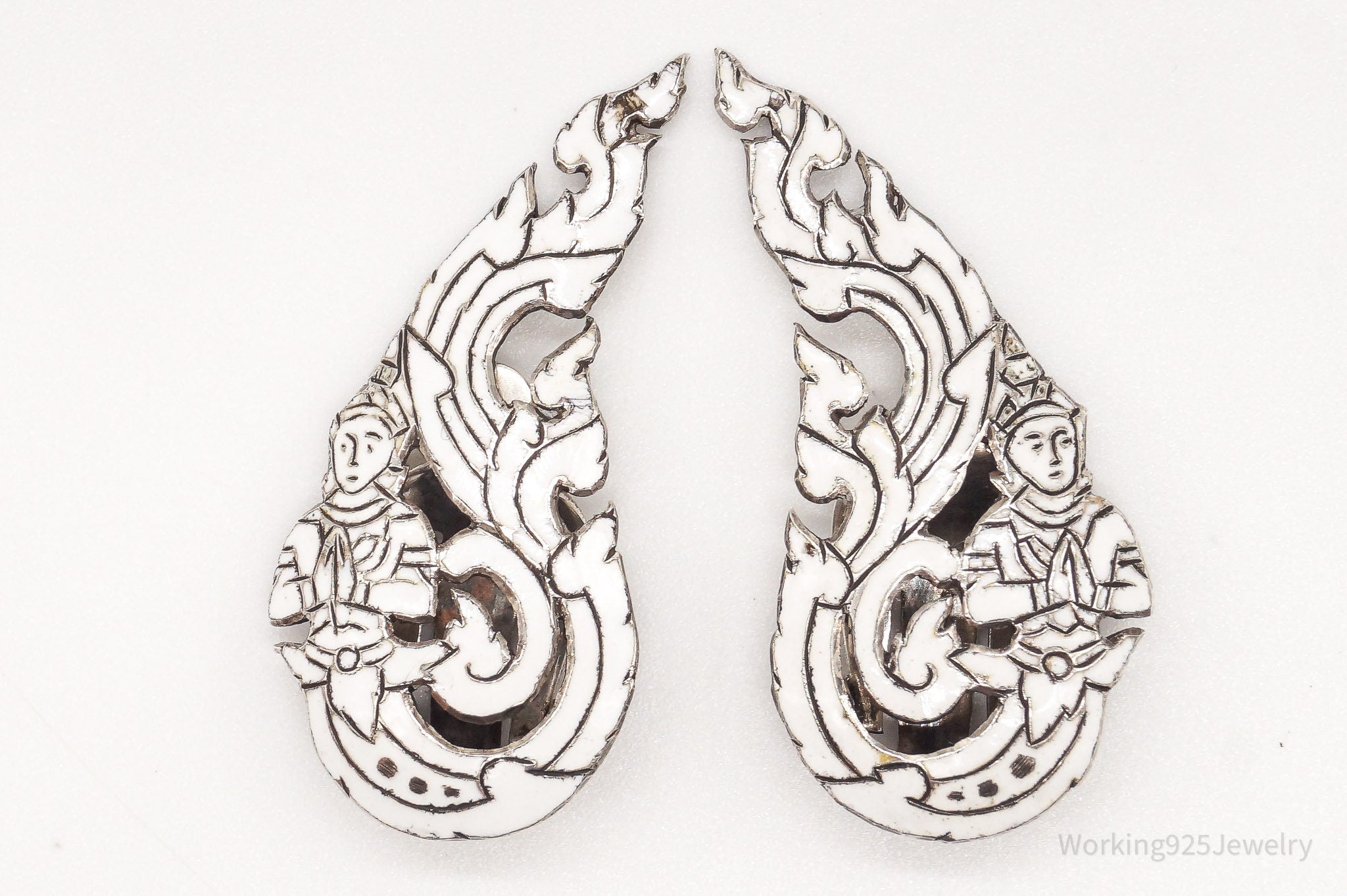 Vintage SIAM White Enamel Sterling Silver Clip On Earrings