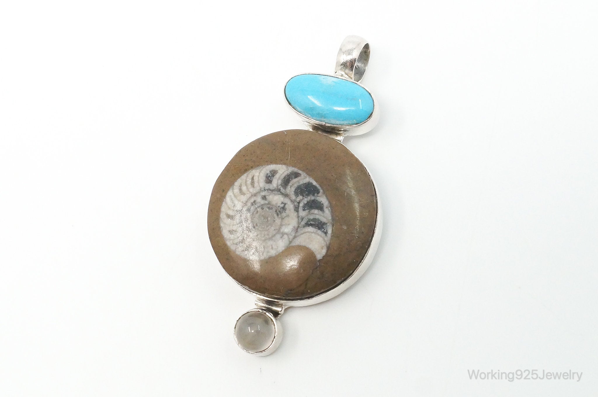 Vintage Large Fossil Shell Turquoise Gray Moonstone Sterling Silver Pendant