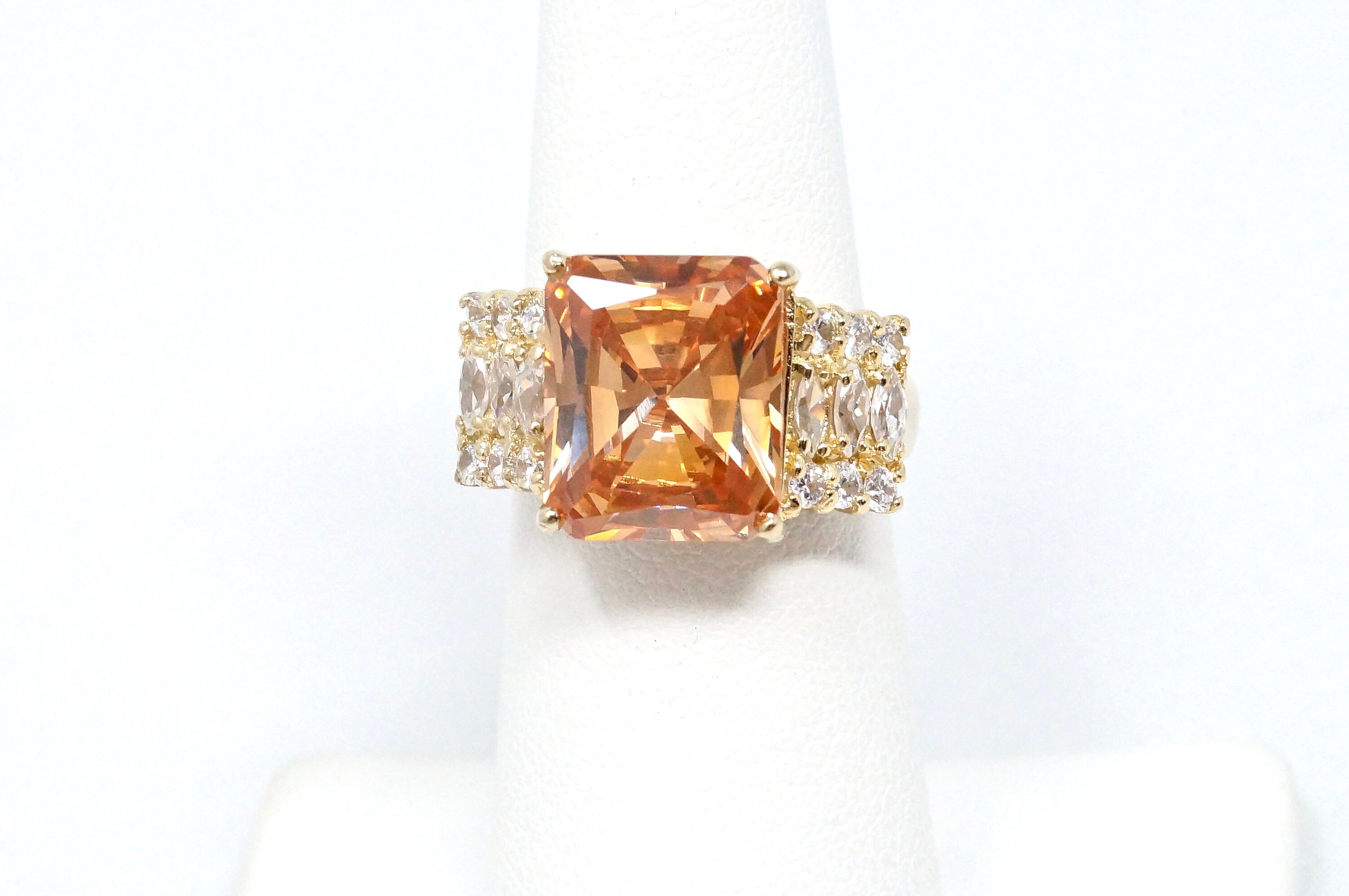 Vintage Art Deco Style Large Citrine Cz Accented Gold Vermeil Sterling Silver Statement Ring - Size 5.75