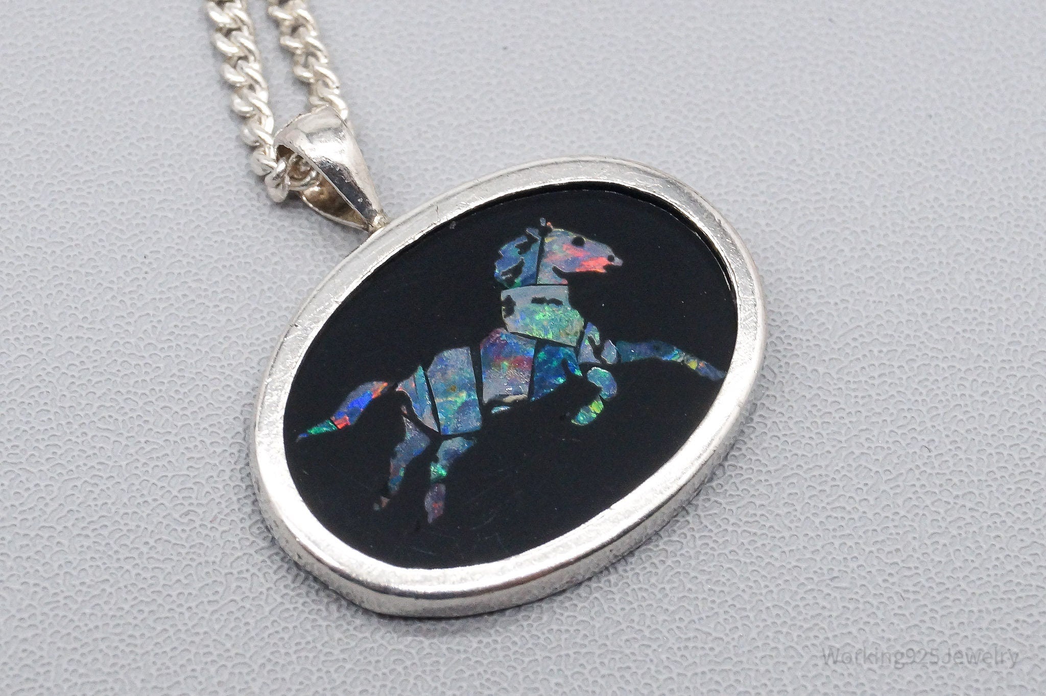 Vintage Opal Inlay Horse Sterling Silver Necklace - 19"