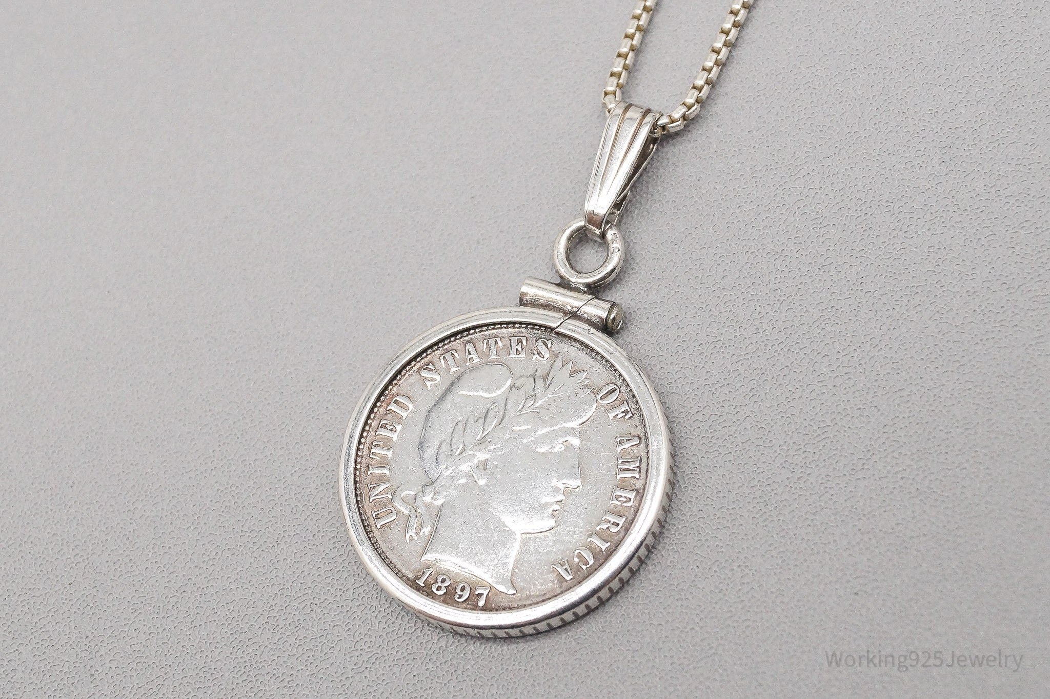 Antique Vintage 1897 Barber Dime Sterling Silver Chain Necklace - 16"