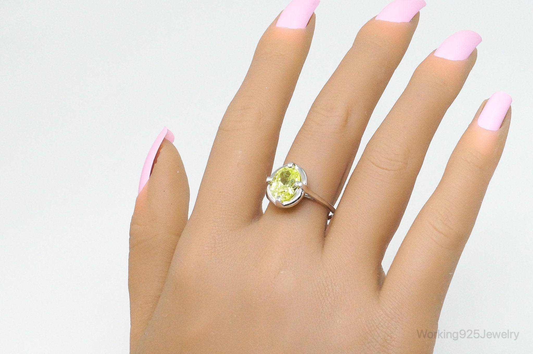 Vintage Lime Green Stone Sterling Silver Ring Size 8.25