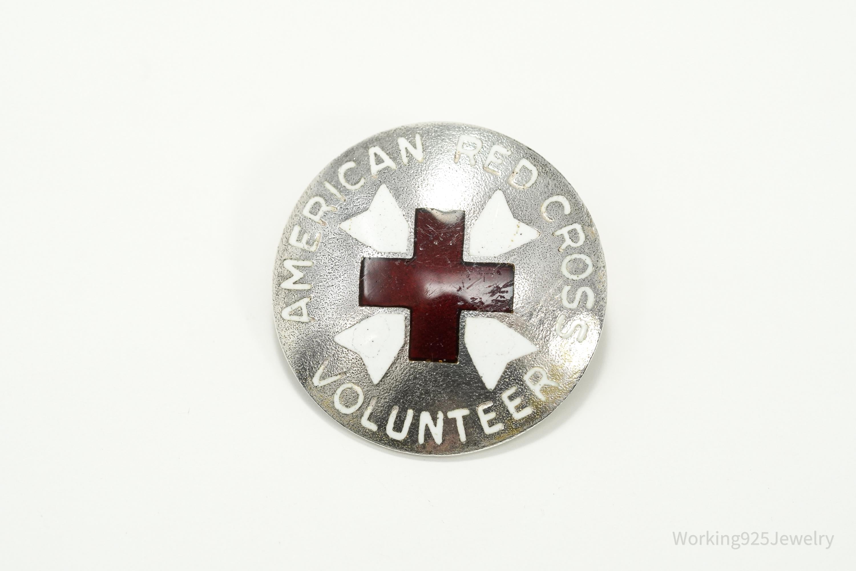 Antique 1920s American Red Cross Nurses Aide Volunteer Sterling Silver Brooch Pin Badge