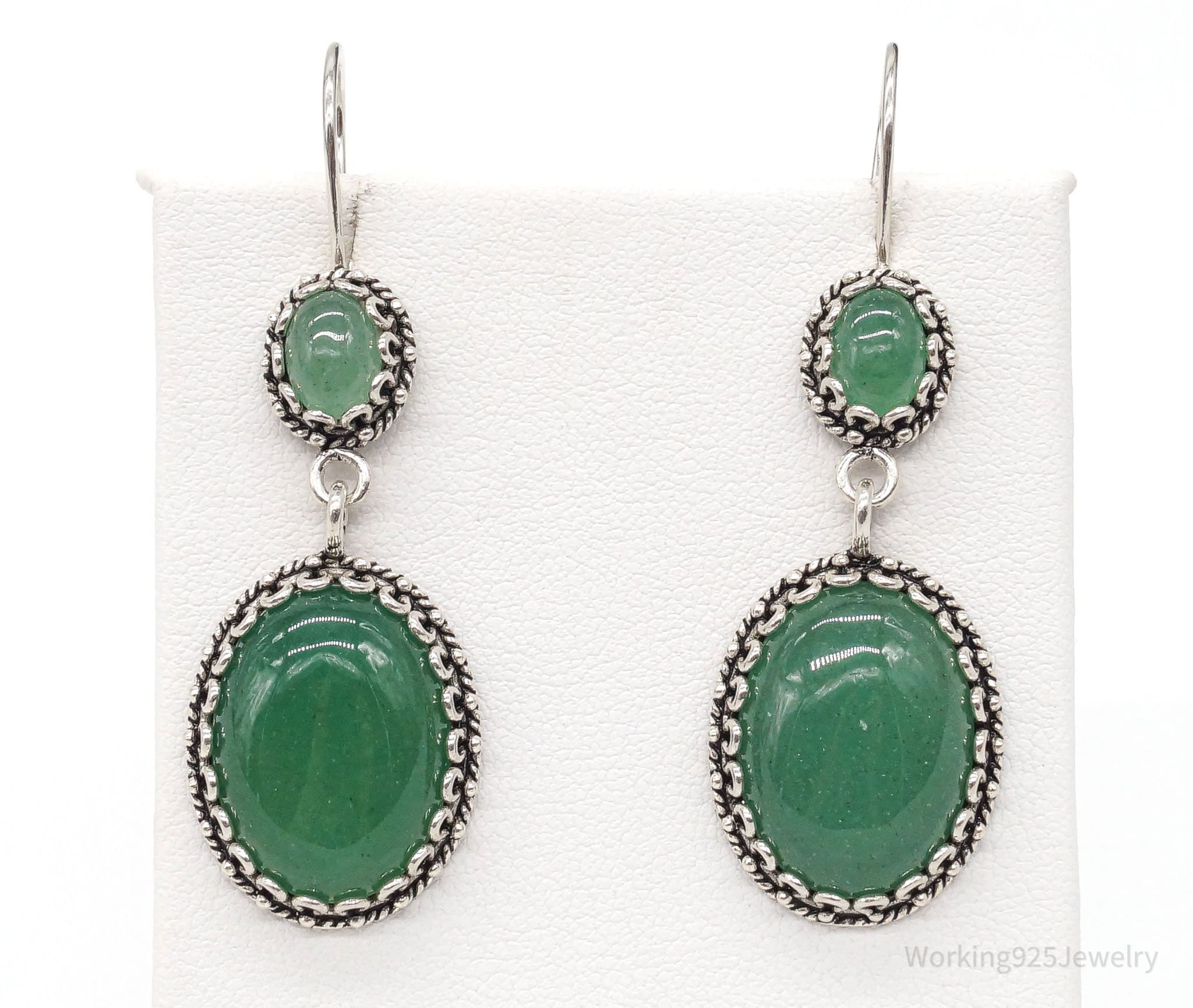 Vintage Turkey Designer DGS Green Aventurine Sterling Silver Earrings