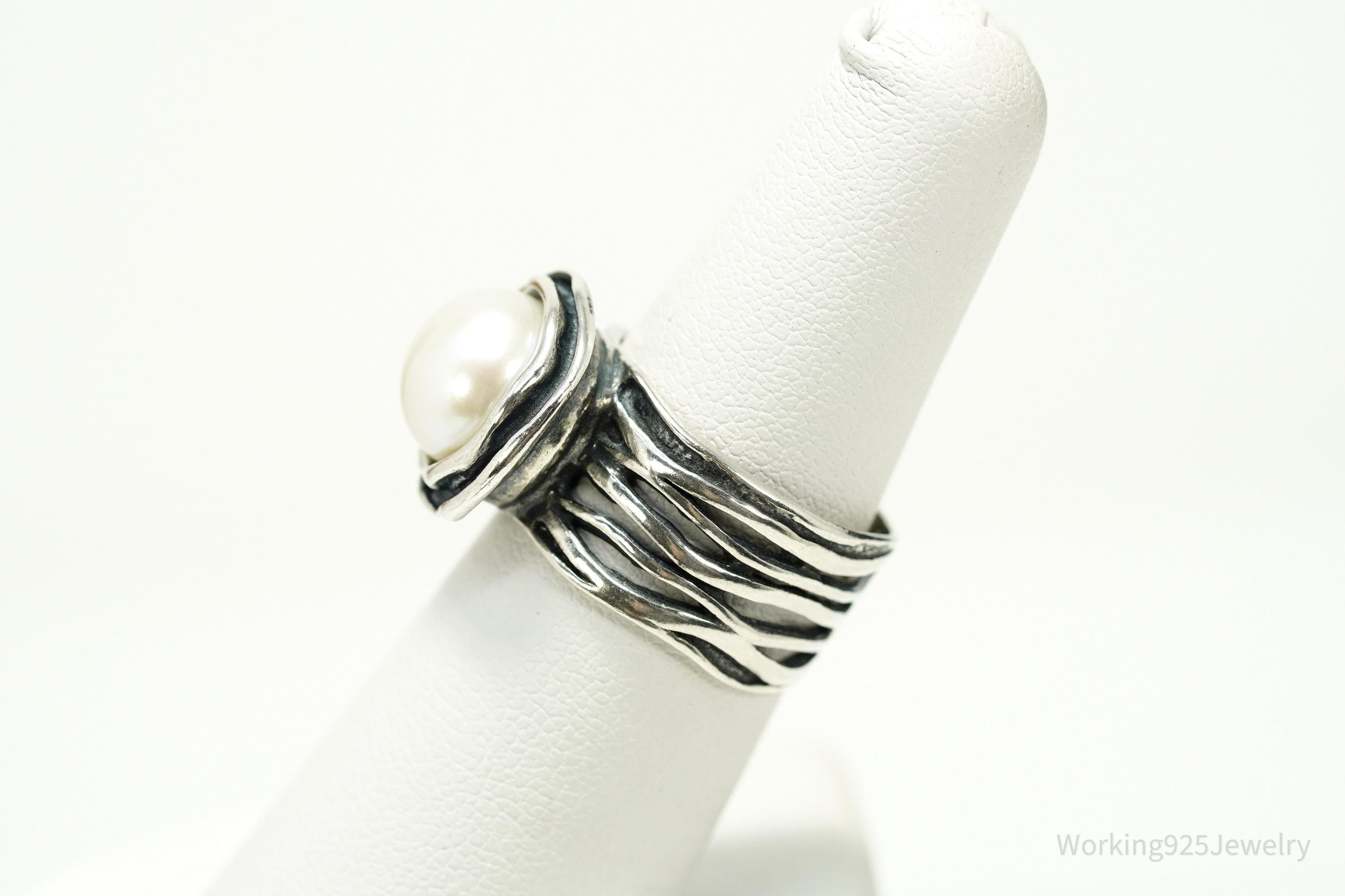 Vintage Israel Large White Pearl Sterling Silver Ring - Size 7