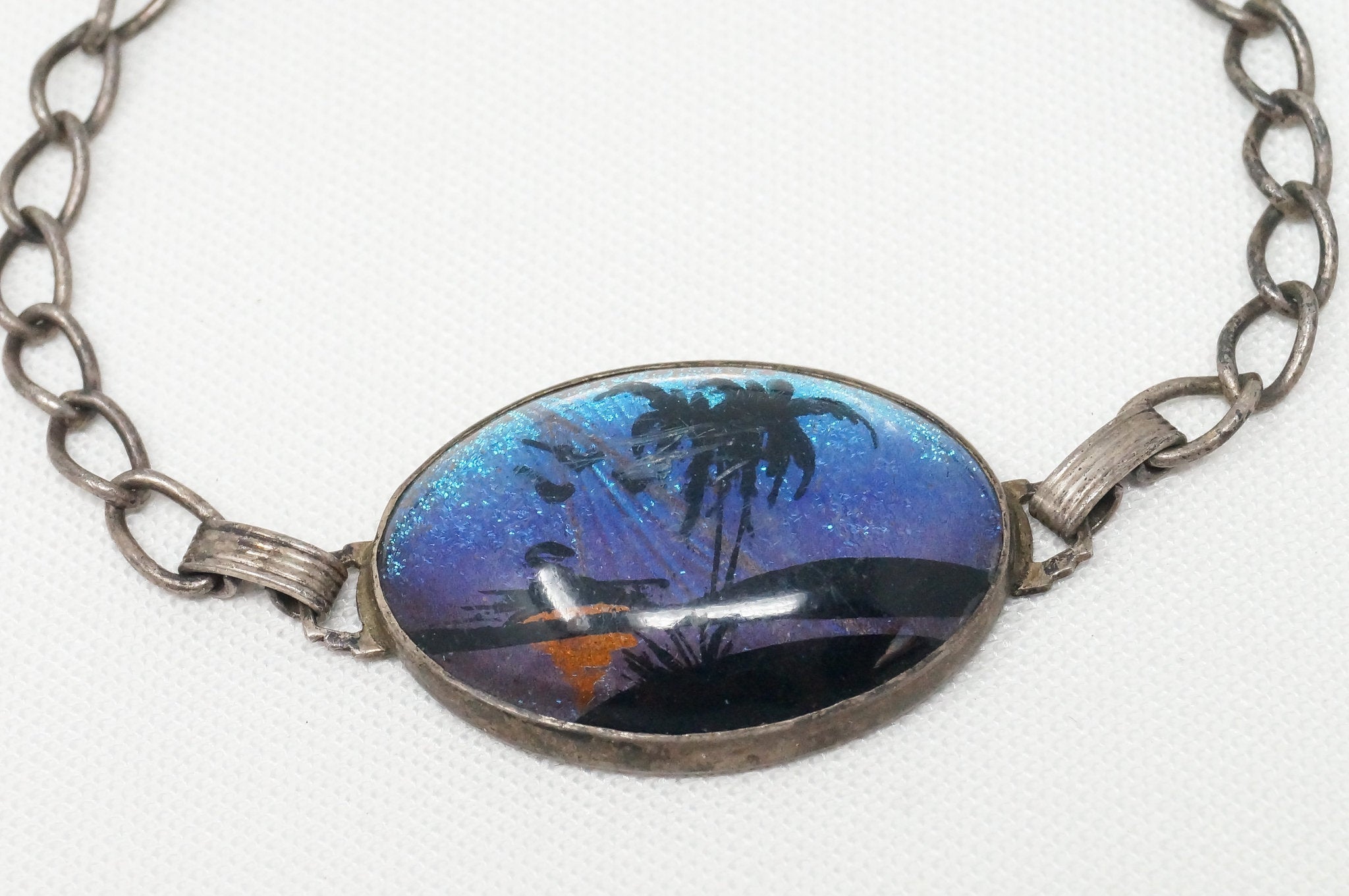 Antique Designer Hoffman Butterfly Wing Beach Scene Sterling Silver Bracelet