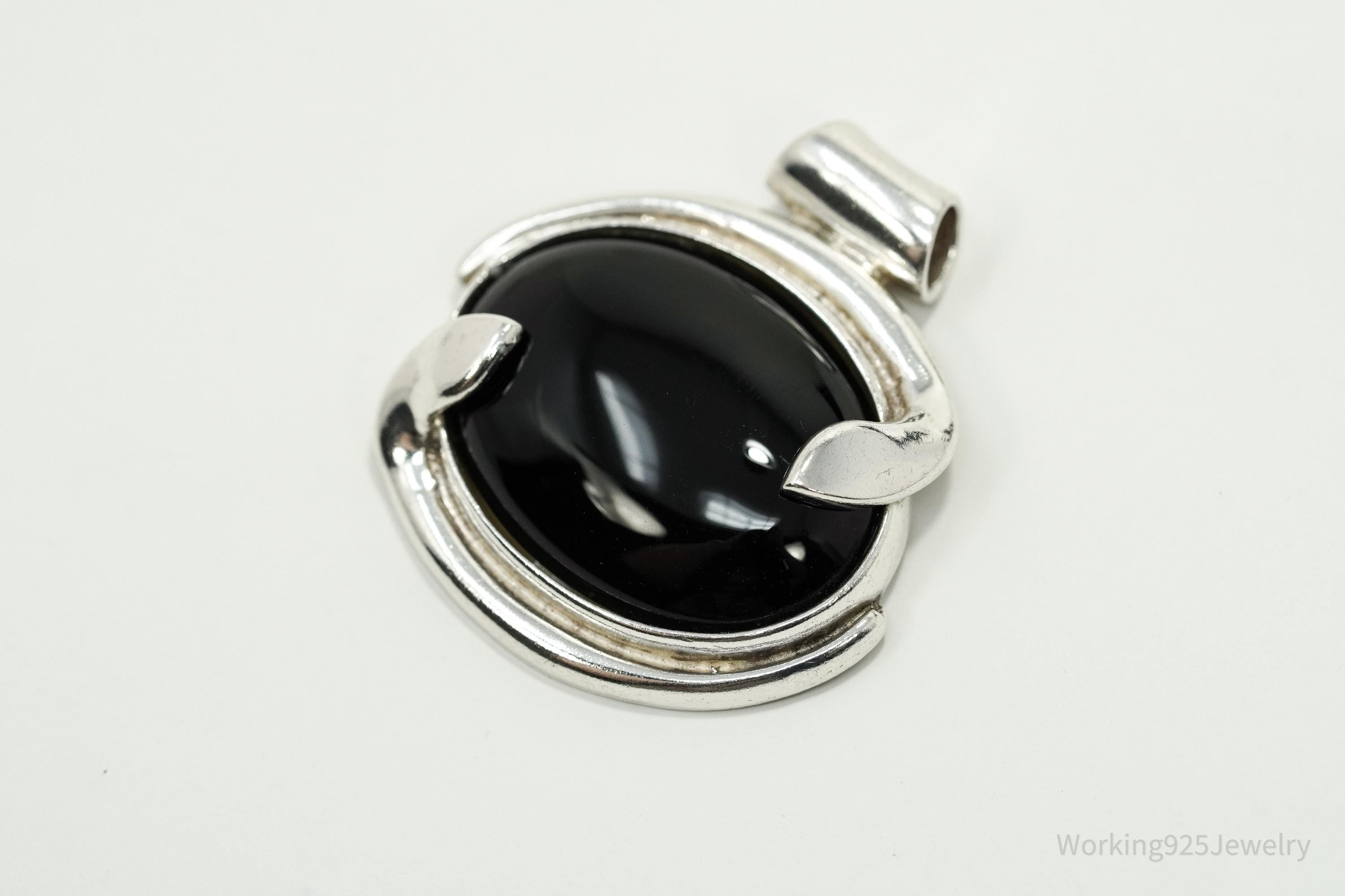 Large Vintage Modernist Style Black Onyx Sterling Silver Necklace Pendant 1.5"