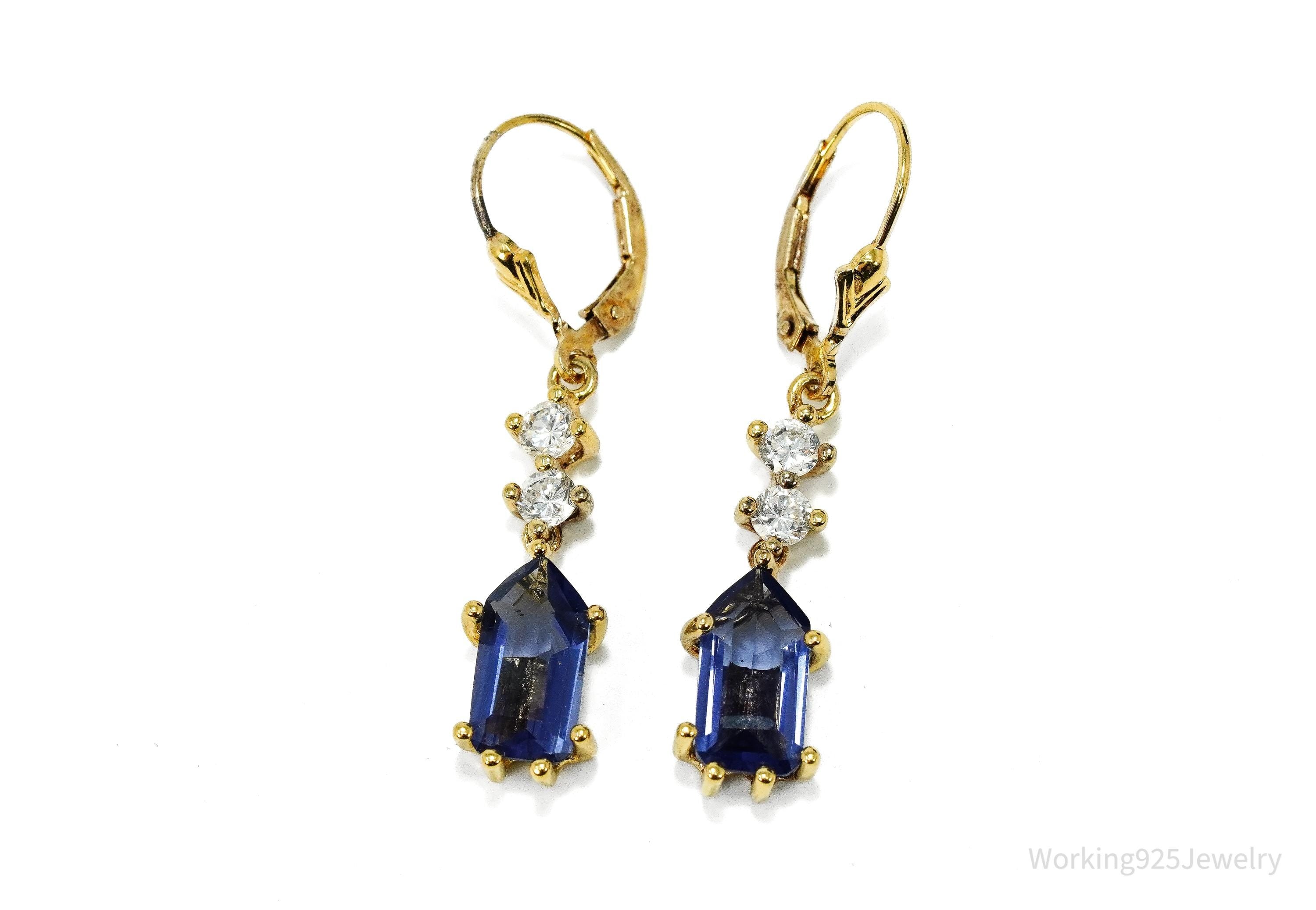Vintage Lab Created Tanzanite & Cubic Zirconia Gold Vermeil Sterling Silver Earrings