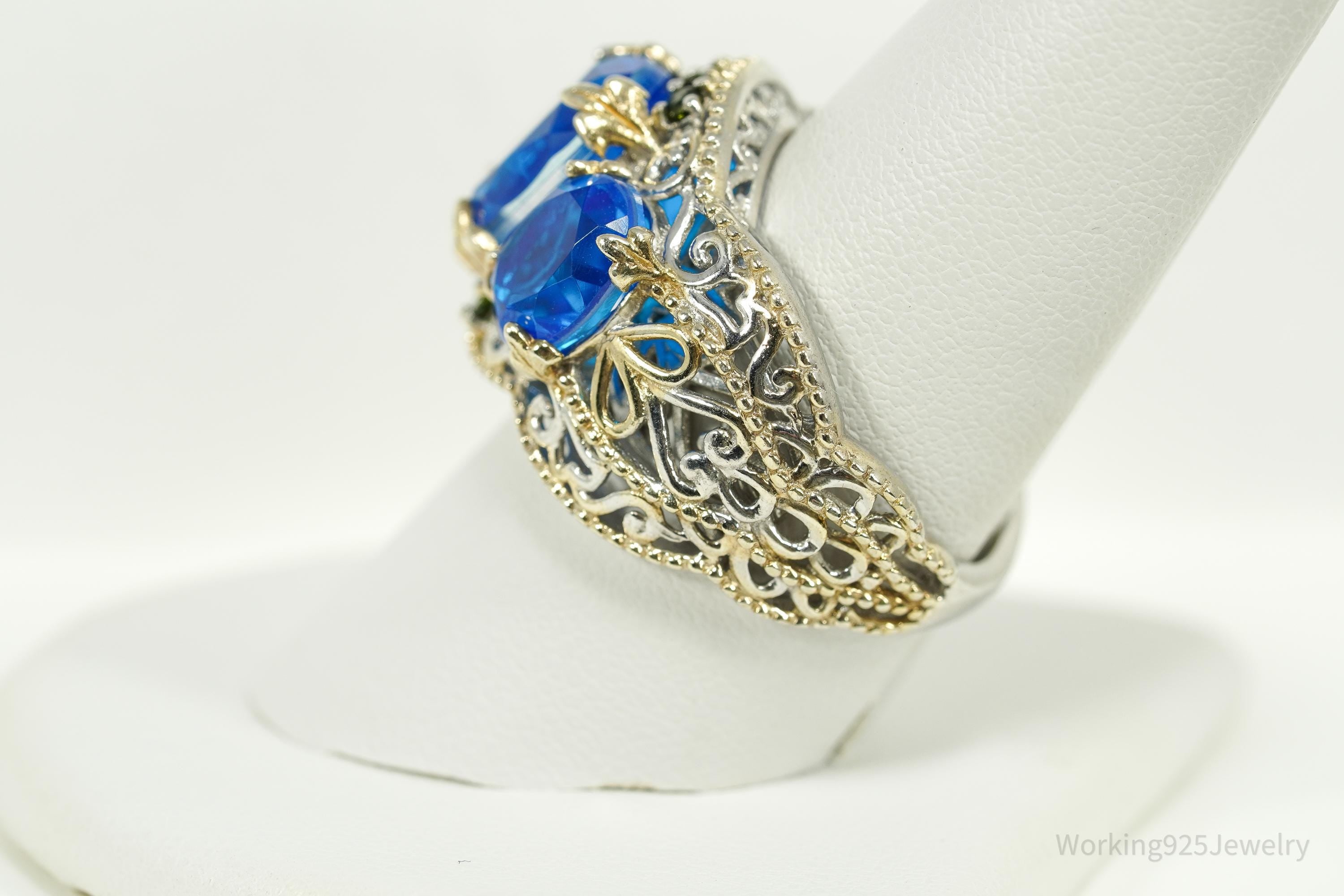Vintage Chuck Clemency Blue Topaz & Peridot Gold Vermeil Sterling Silver Ring - Size 9.25