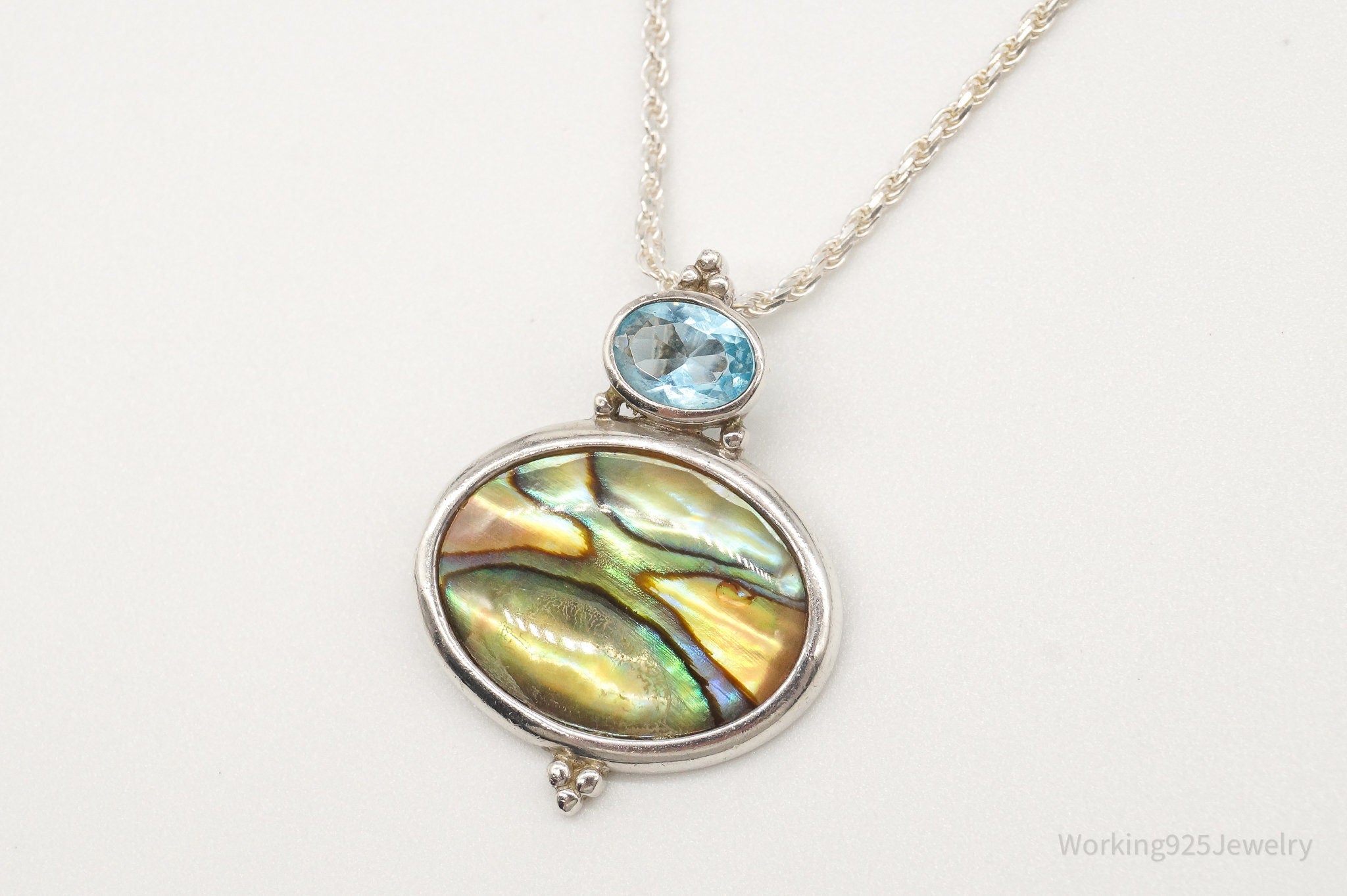 Vintage Paua Abalone Shell Blue Topaz Sterling Silver Necklace