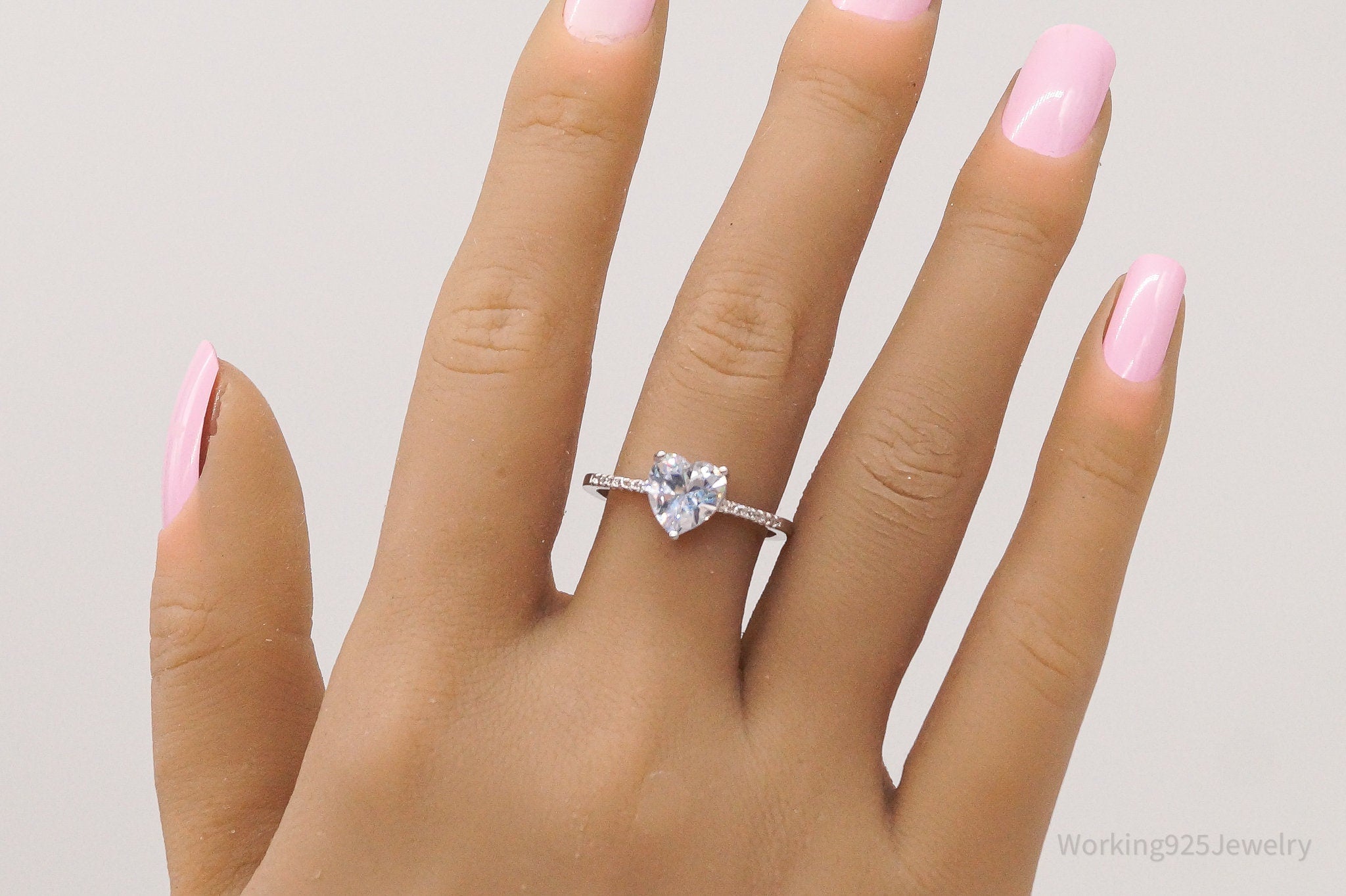 Large Cubic Zirconia Heart Sterling Silver Ring - Size 9.5