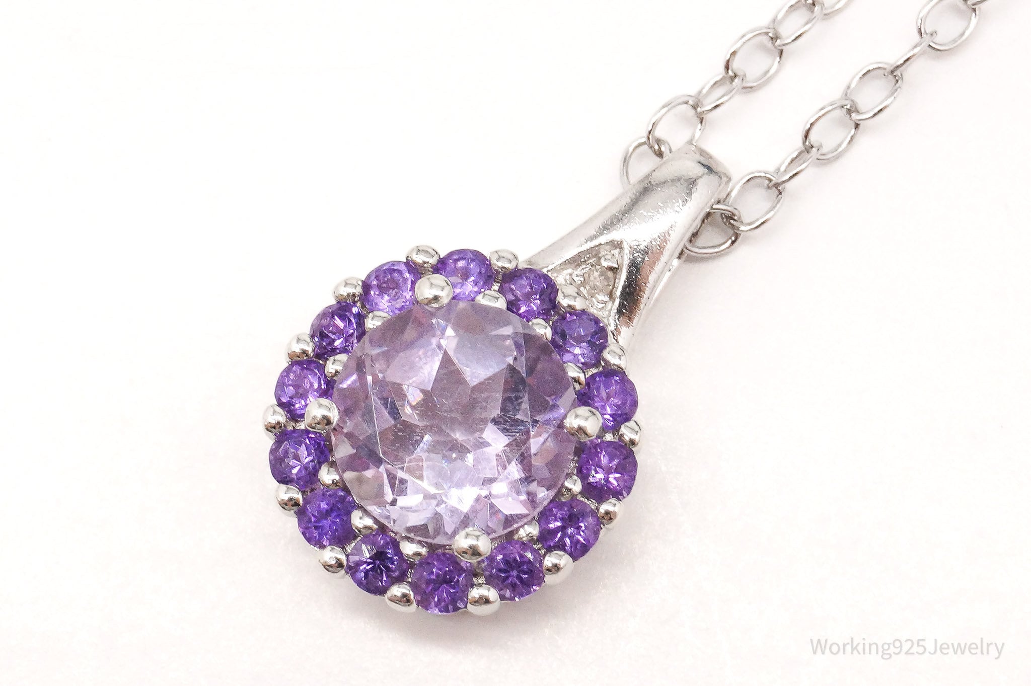 Vintage Amethyst Diamond Sterling Silver Necklace 18"