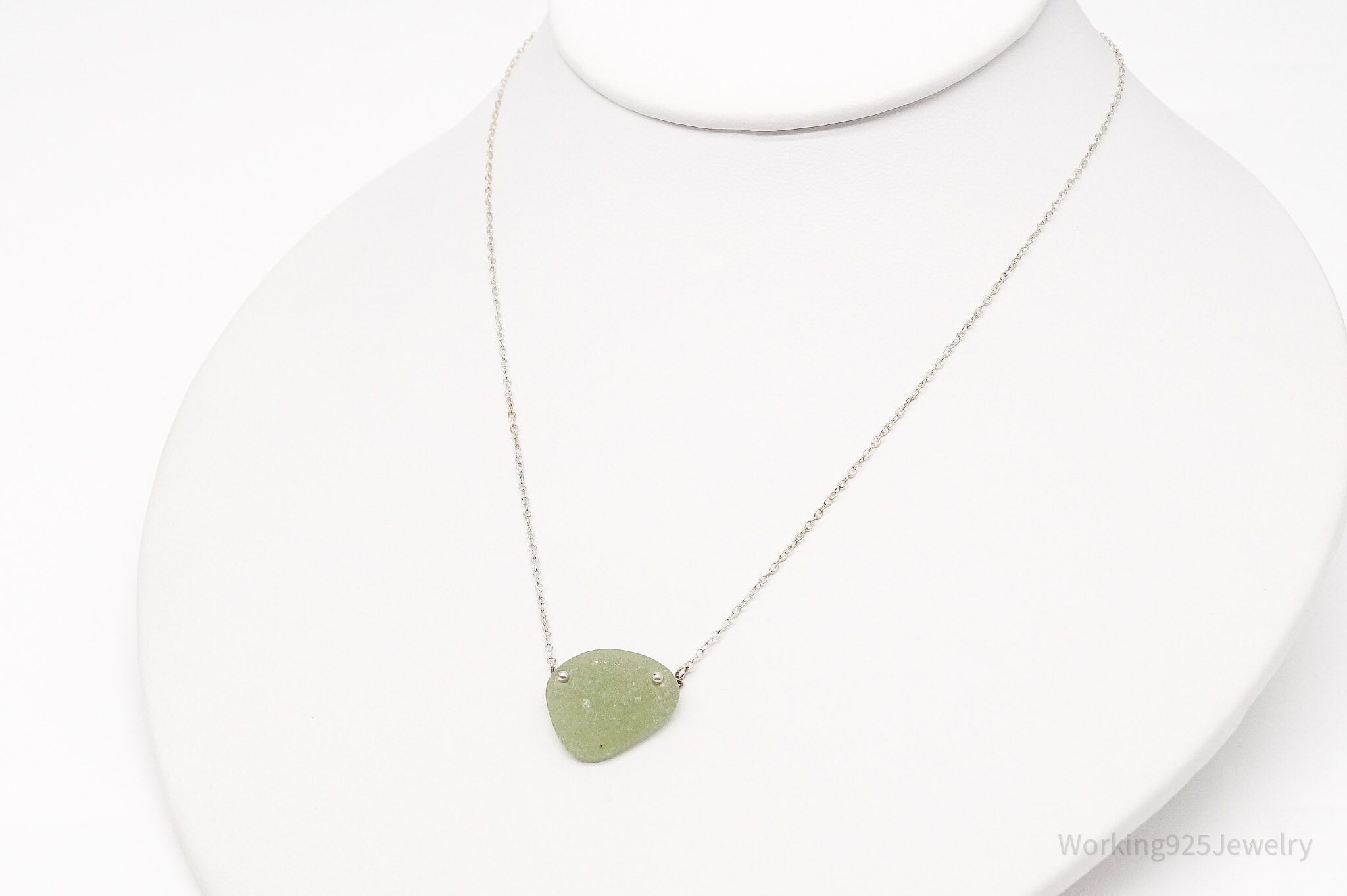 Vintage Green Sea Glass Sterling Silver Necklace 16"