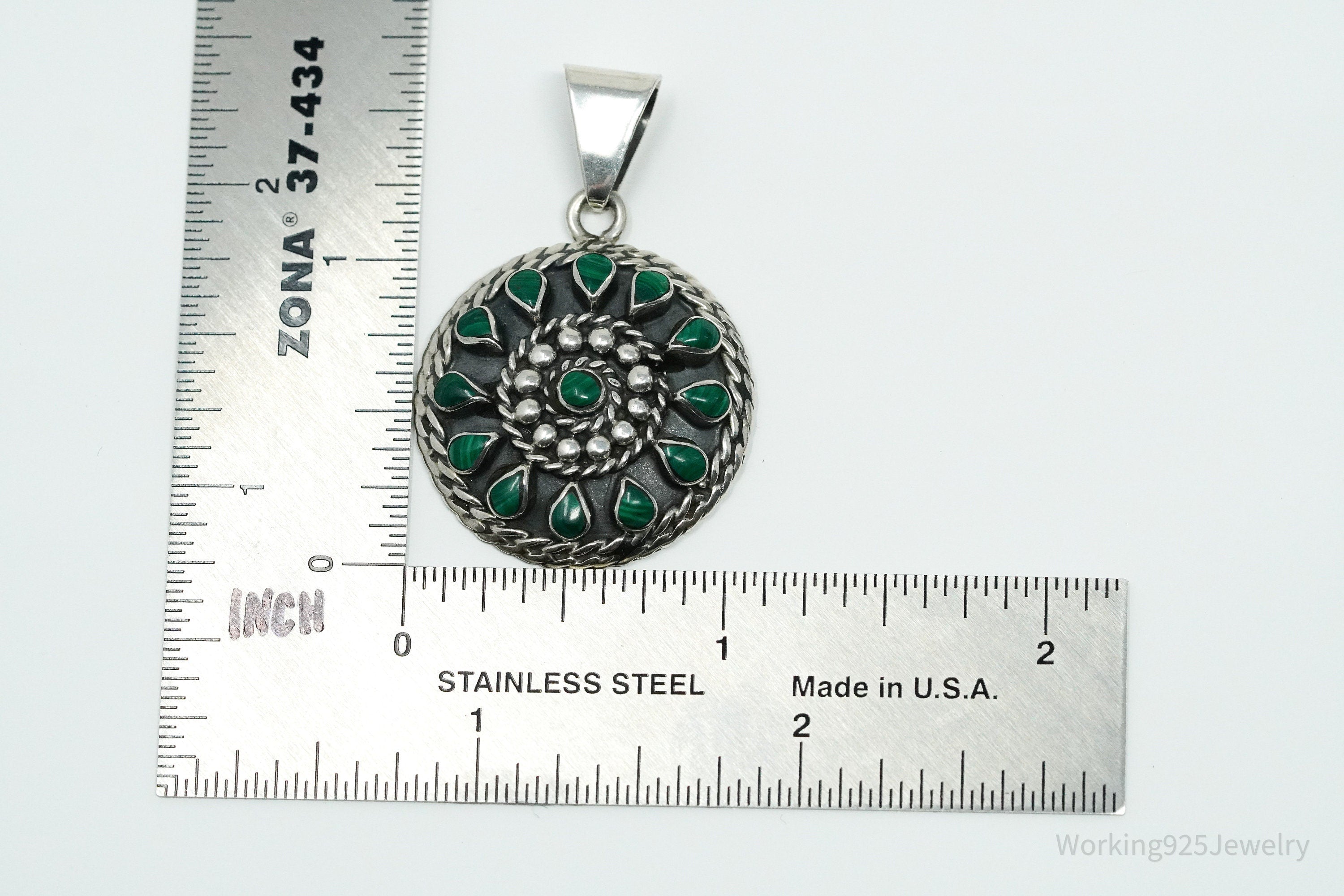 Vintage Large Mexico Malachite Sterling Silver Pendant 1 5/8"