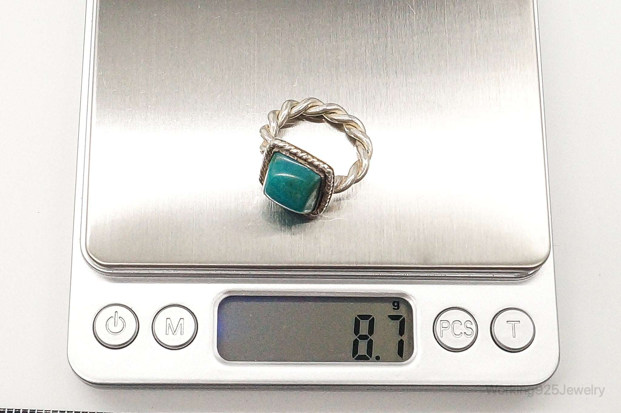 Vintage Modernist Blue Green Gemstone Sterling Silver Ring - Size 7.25