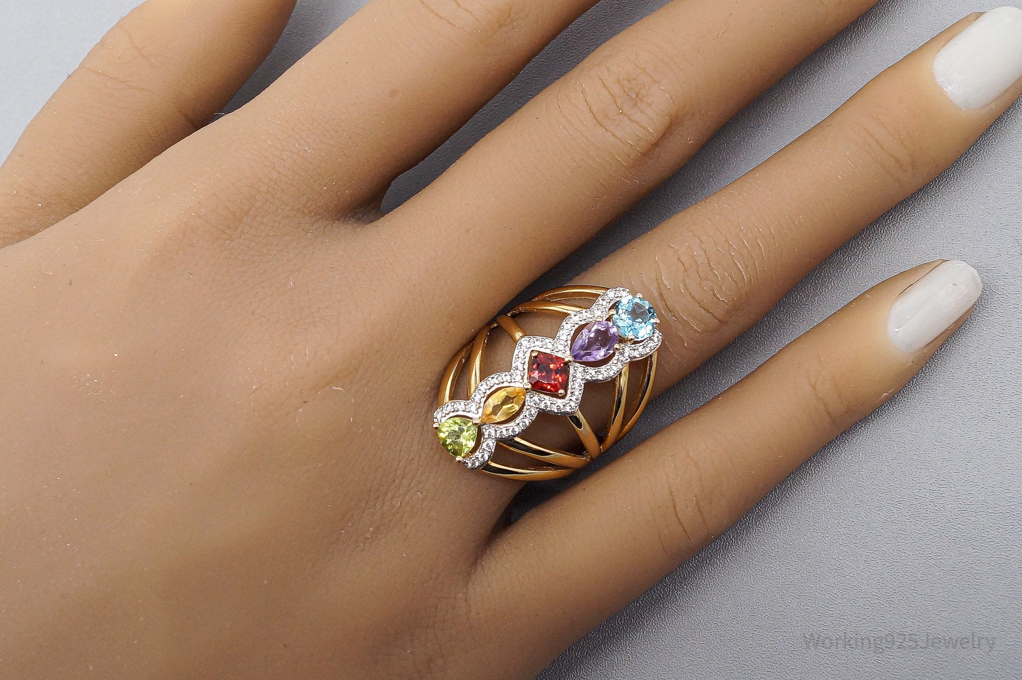 QVC Multi Gemstone 14K Yellow Gold Plated Sterling Silver Ring - Size 7