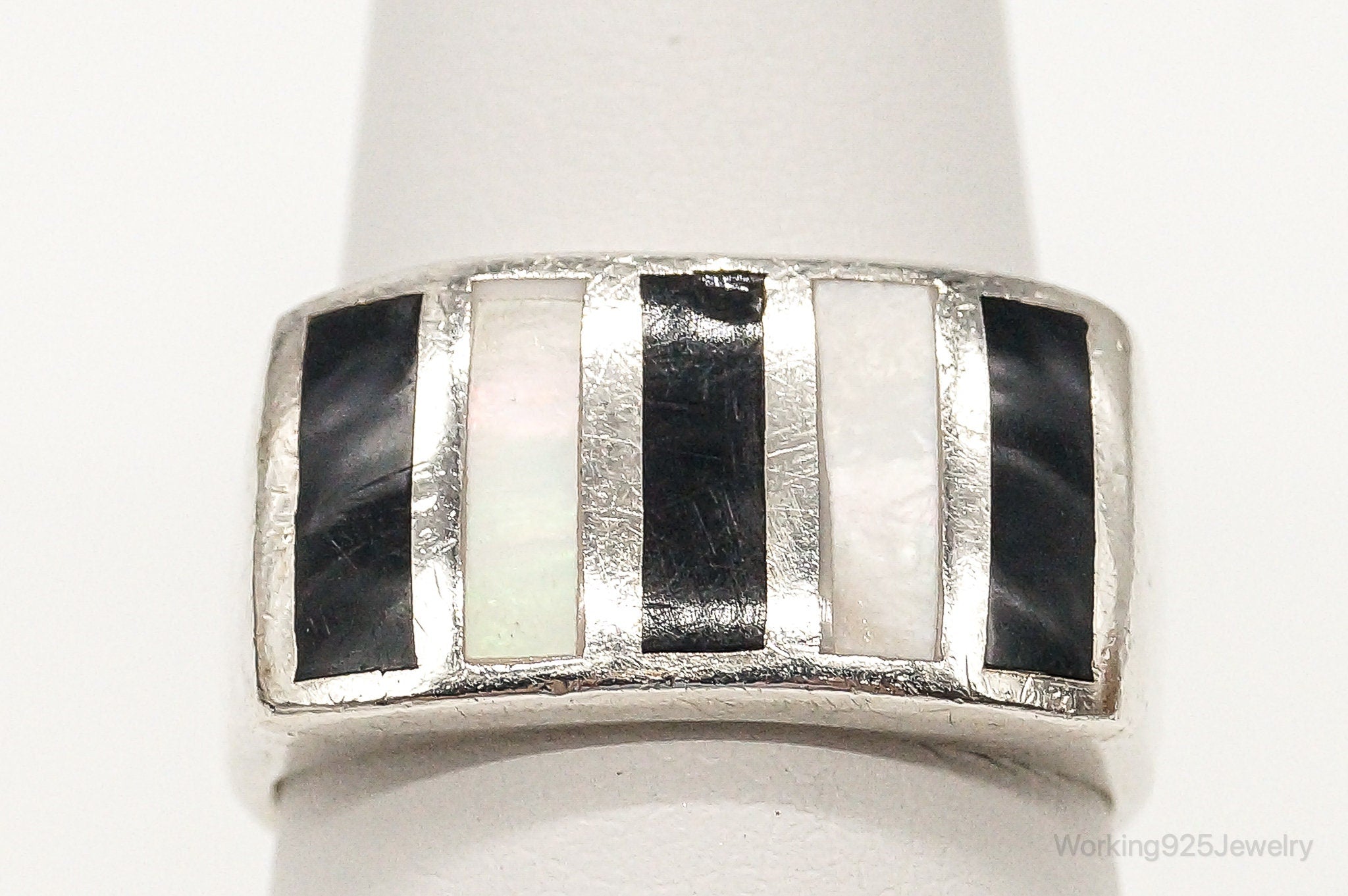 Vintage Mother Of Pearl Black Onyx Sterling Silver Ring - SZ 5.75