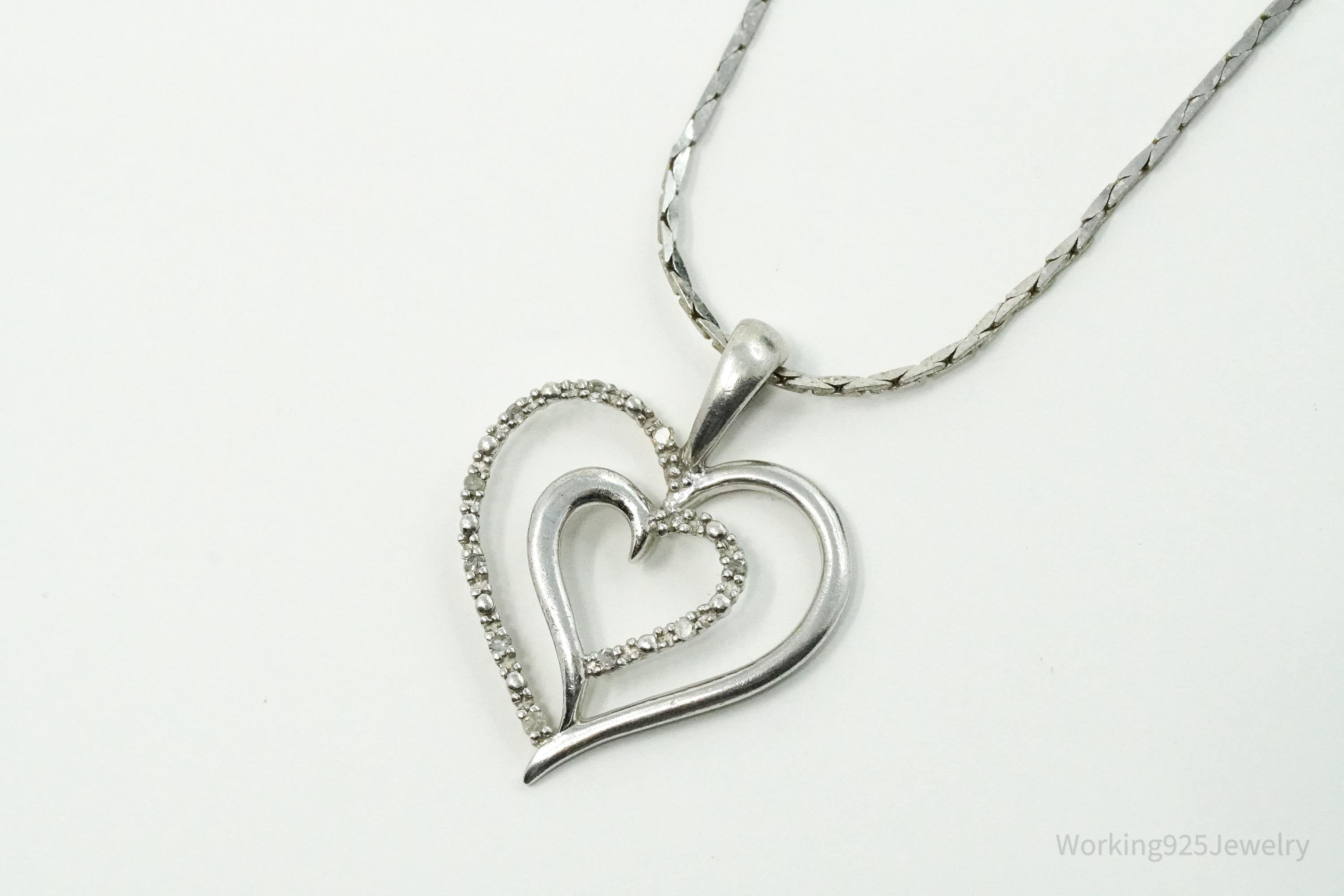 Vintage Diamond Heart Sterling Silver Necklace - 16"