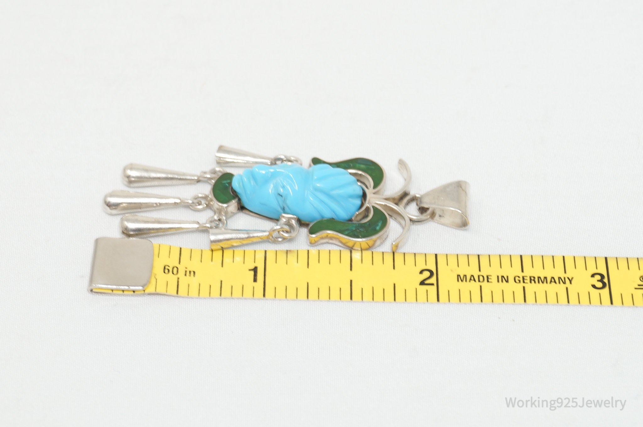 Vintage Taxco Mexican Carved Turquoise Sterling Silver Necklace Pendant