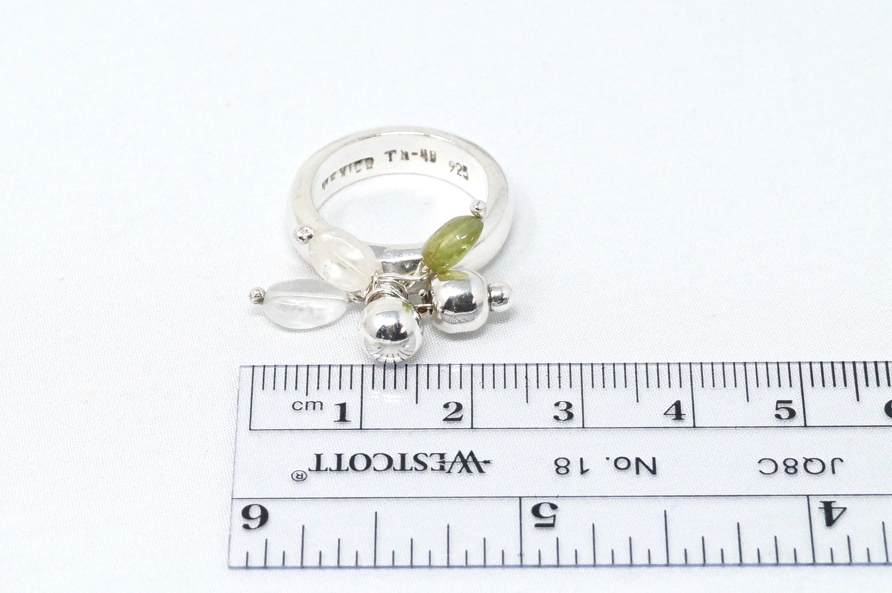 Vintage Mexico Handmade White Quartz Crystal Green Peridot S.S Ring - Size 6