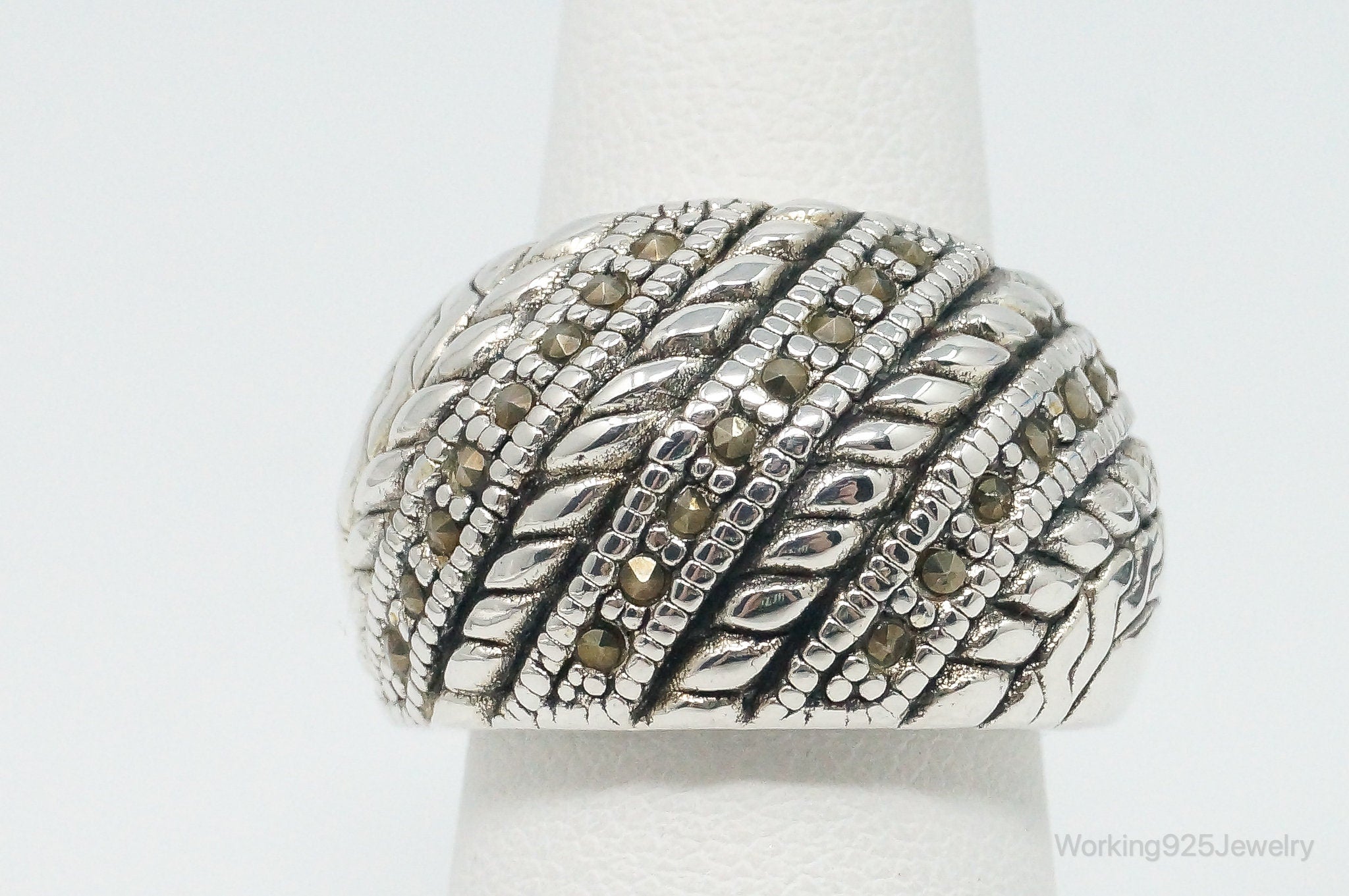 Vintage Marcasite Sterling Silver Dome Rope Braid Hollow Ring Size 6.75