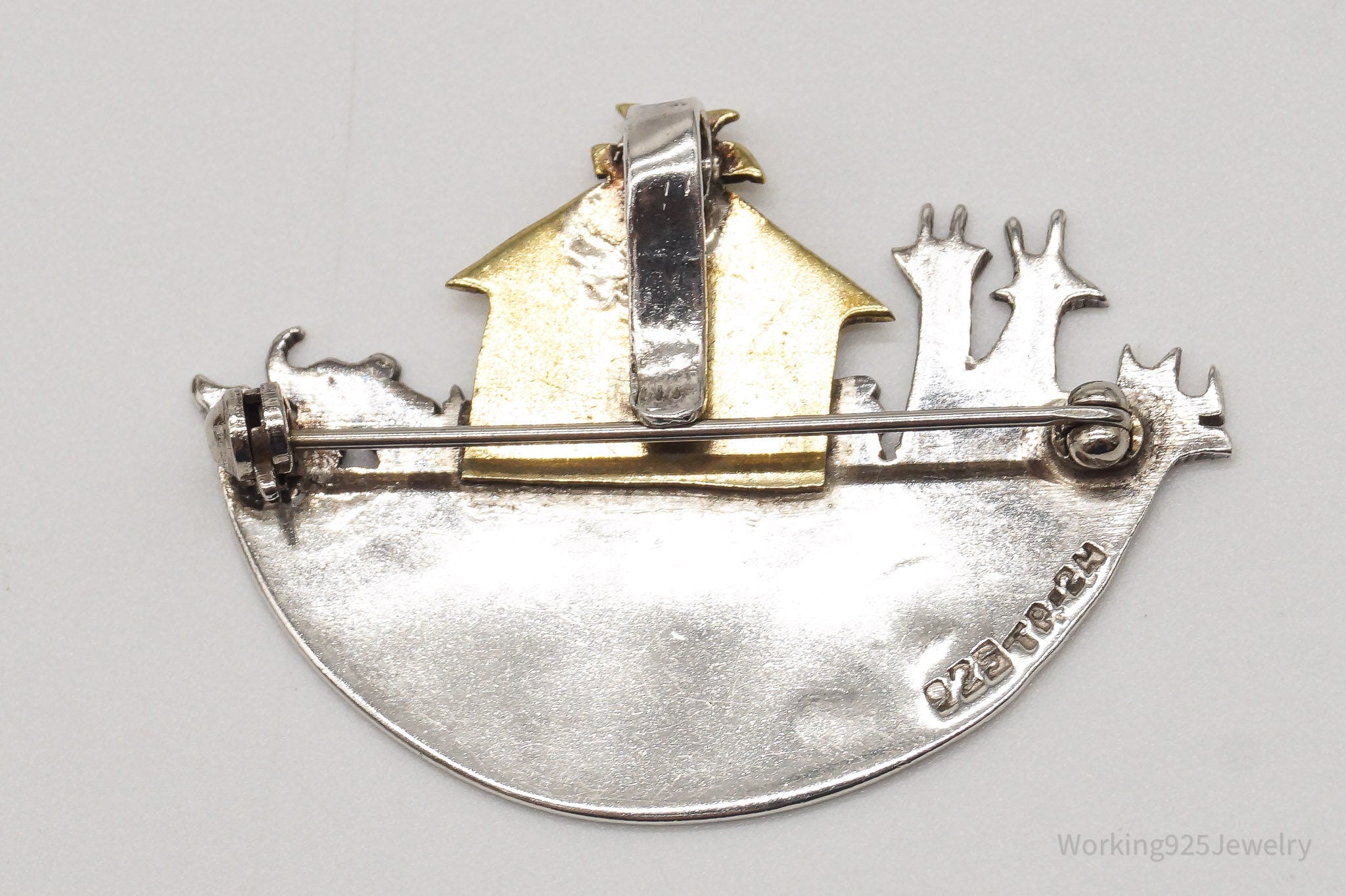 Vintage Mexico Noahs Ark Brass Sterling Silver Brooch Pin