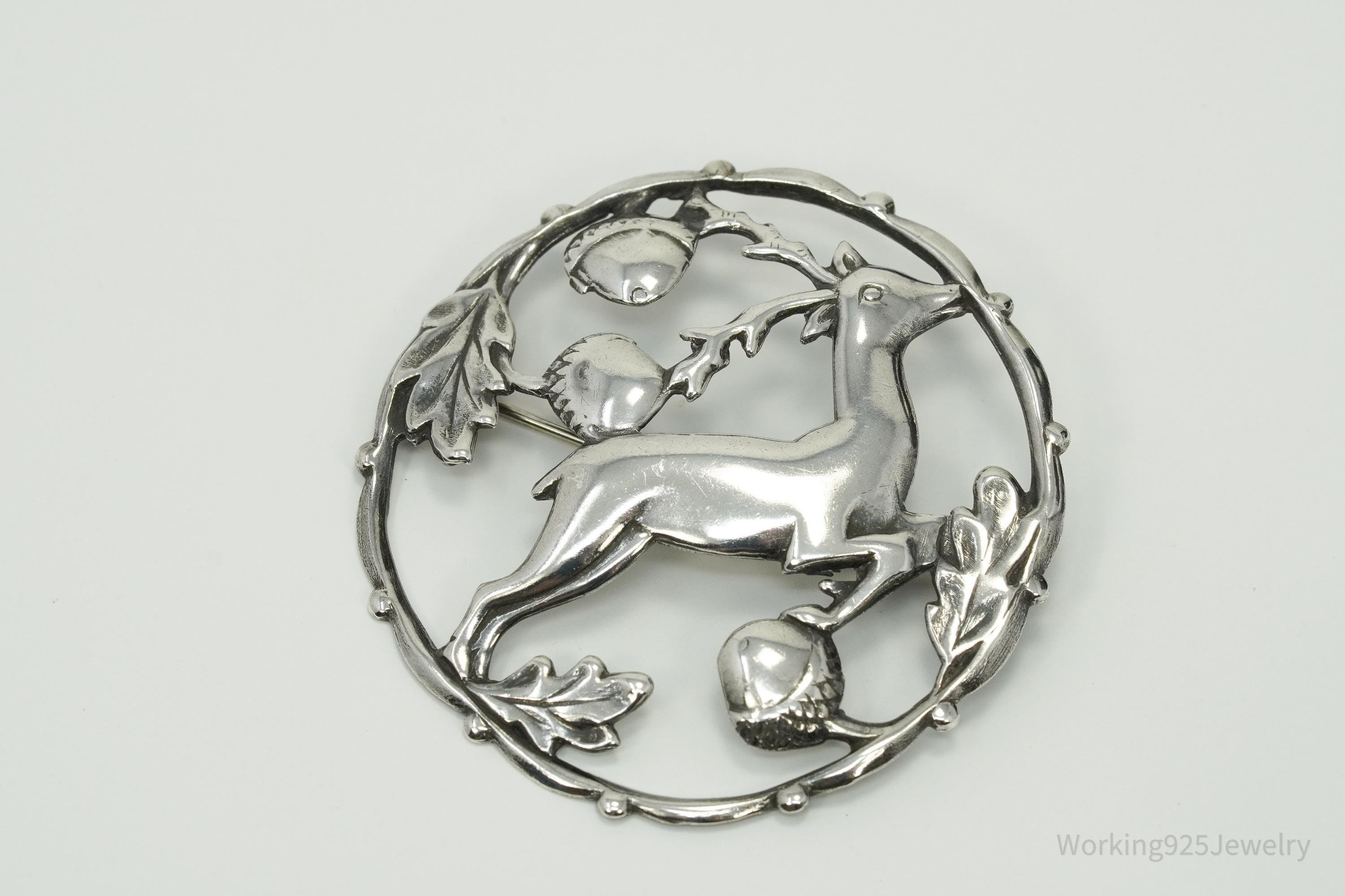Large Antique Deer & Acorns Sterling Silver Brooch Pin