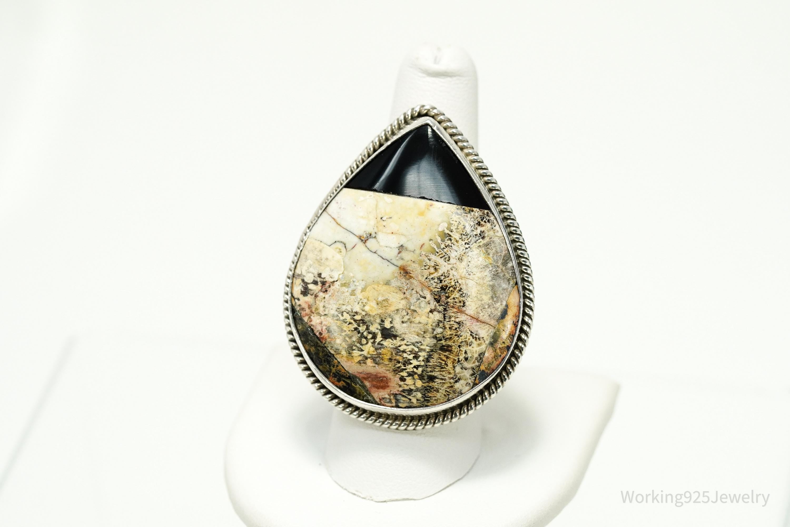 Vintage Mexico Modernist HOB Massive Agate & Black Onyx Inlay Sterling Silver Ring - Size 8