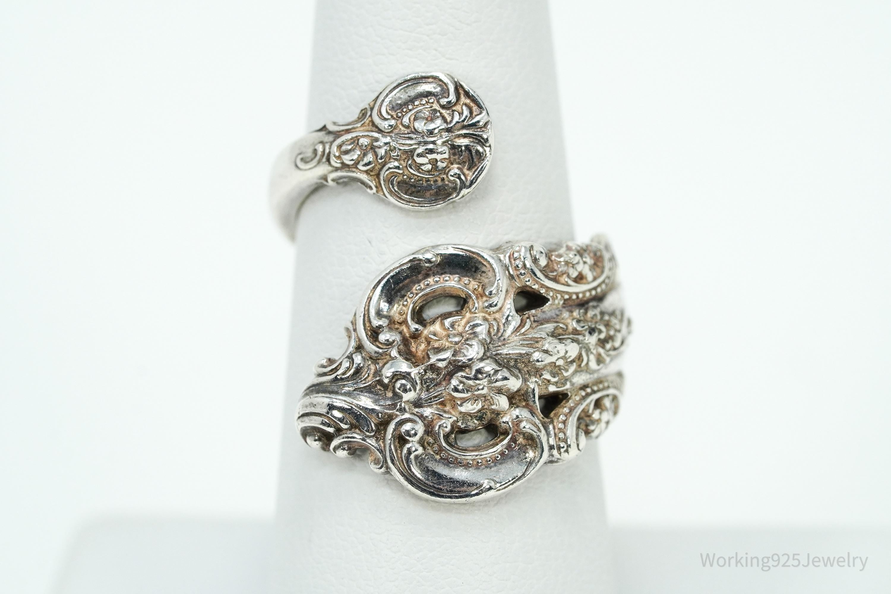 Antique WALLACE Art Nouveau Floral Sterling Silver Spoon Ring - Size 7