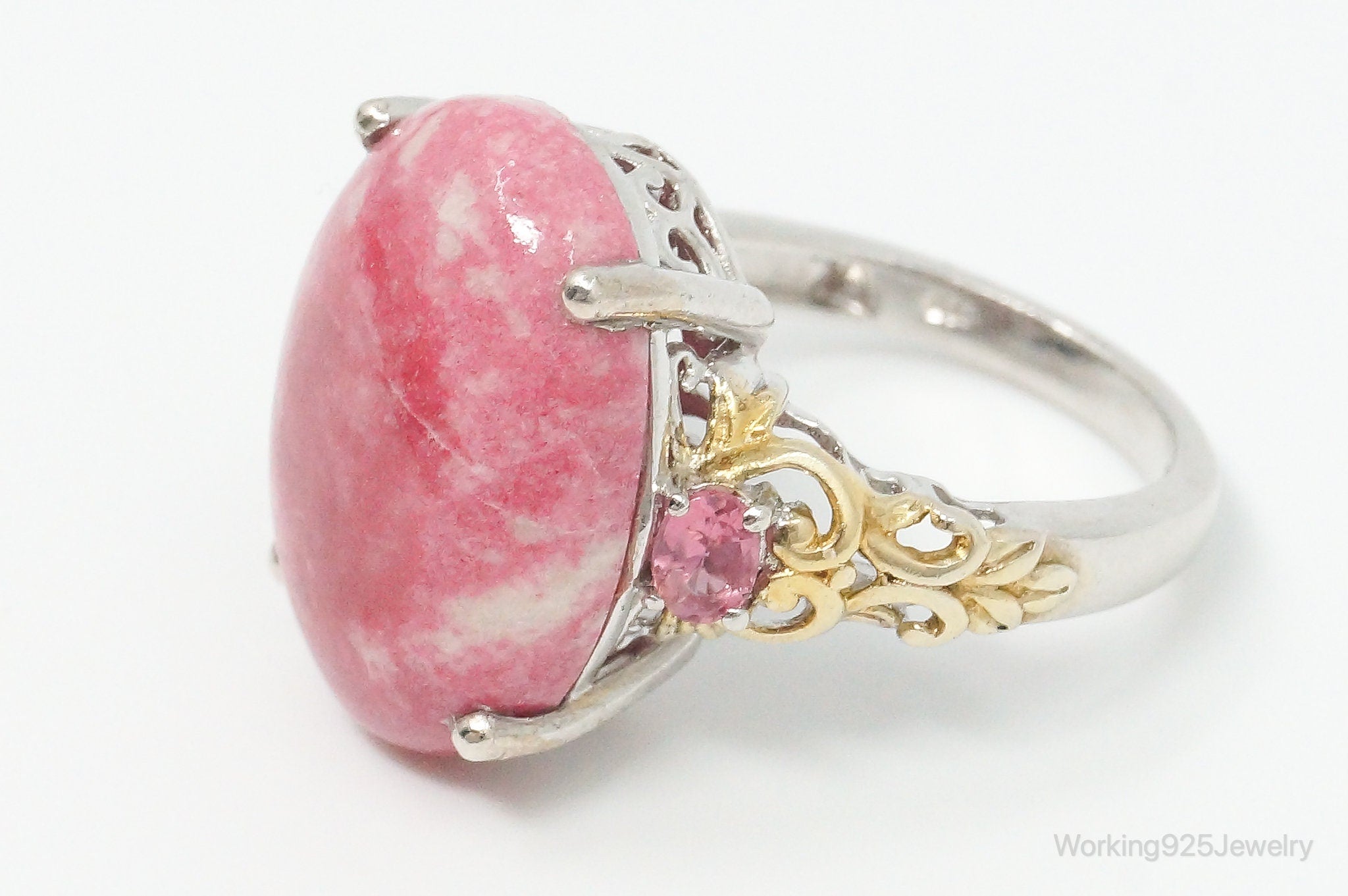 Vintage Thulite Pink Topaz Gold Vermeil Sterling Silver Ring - Size 8